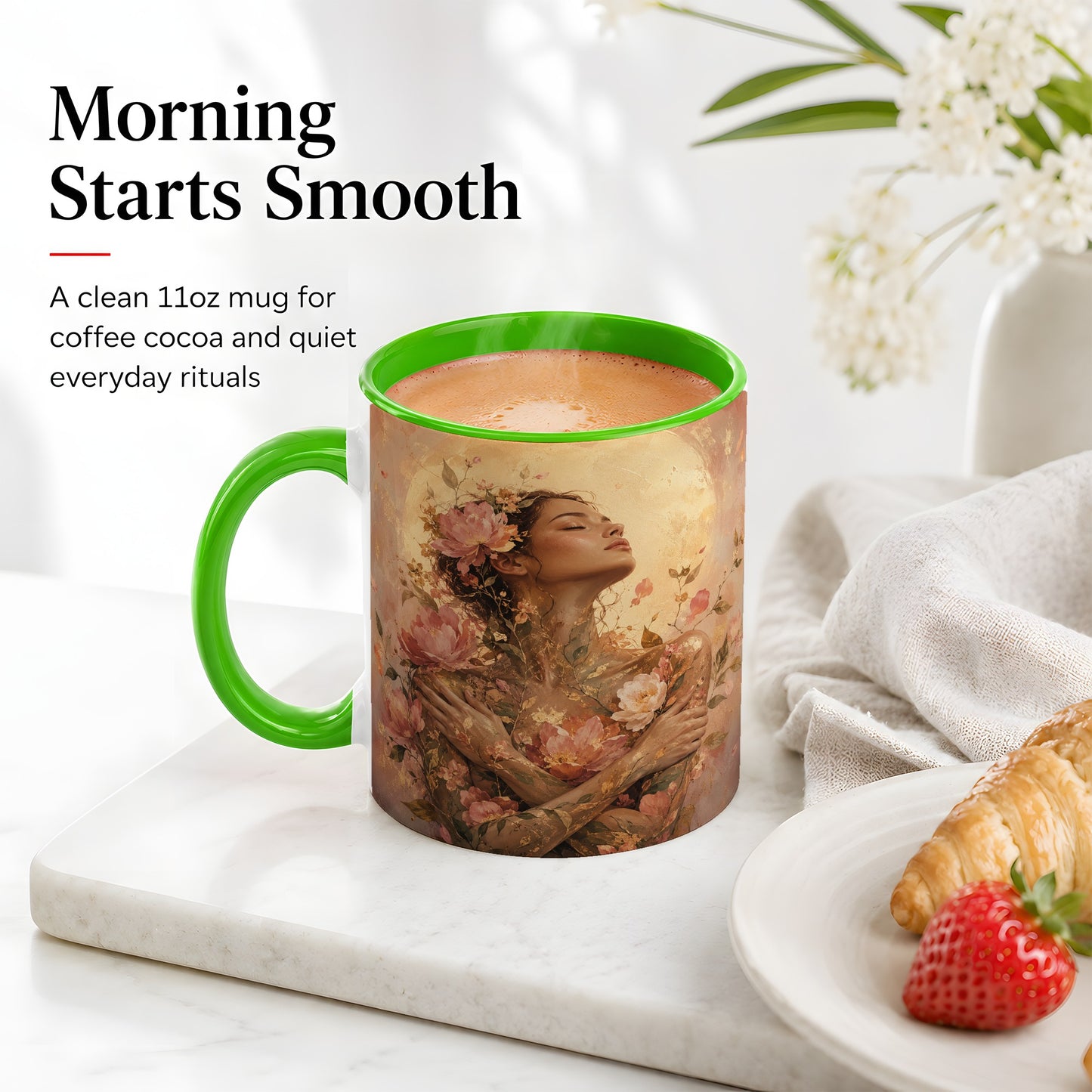 #pl[11oz|Green] Floral Woman Ceramic Mug, Self Embrace Botanical Portrait