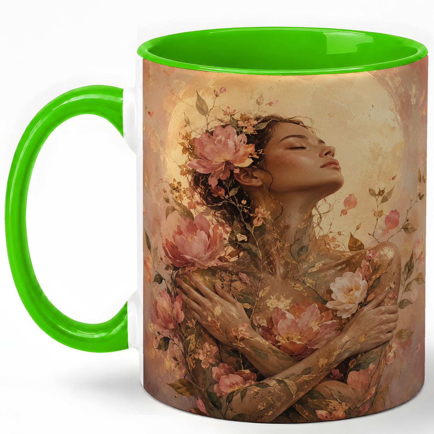 #pl[11oz|Green] Floral Woman Ceramic Mug, Self Embrace Botanical Portrait
