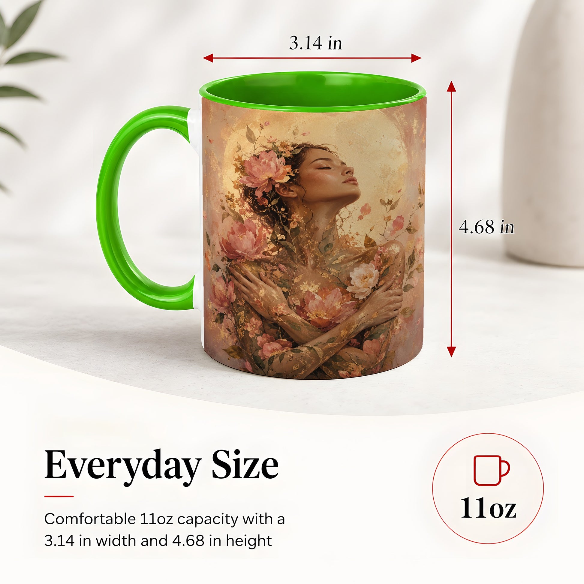 #pl[11oz|Green] Floral Woman Ceramic Mug, Self Embrace Botanical Portrait