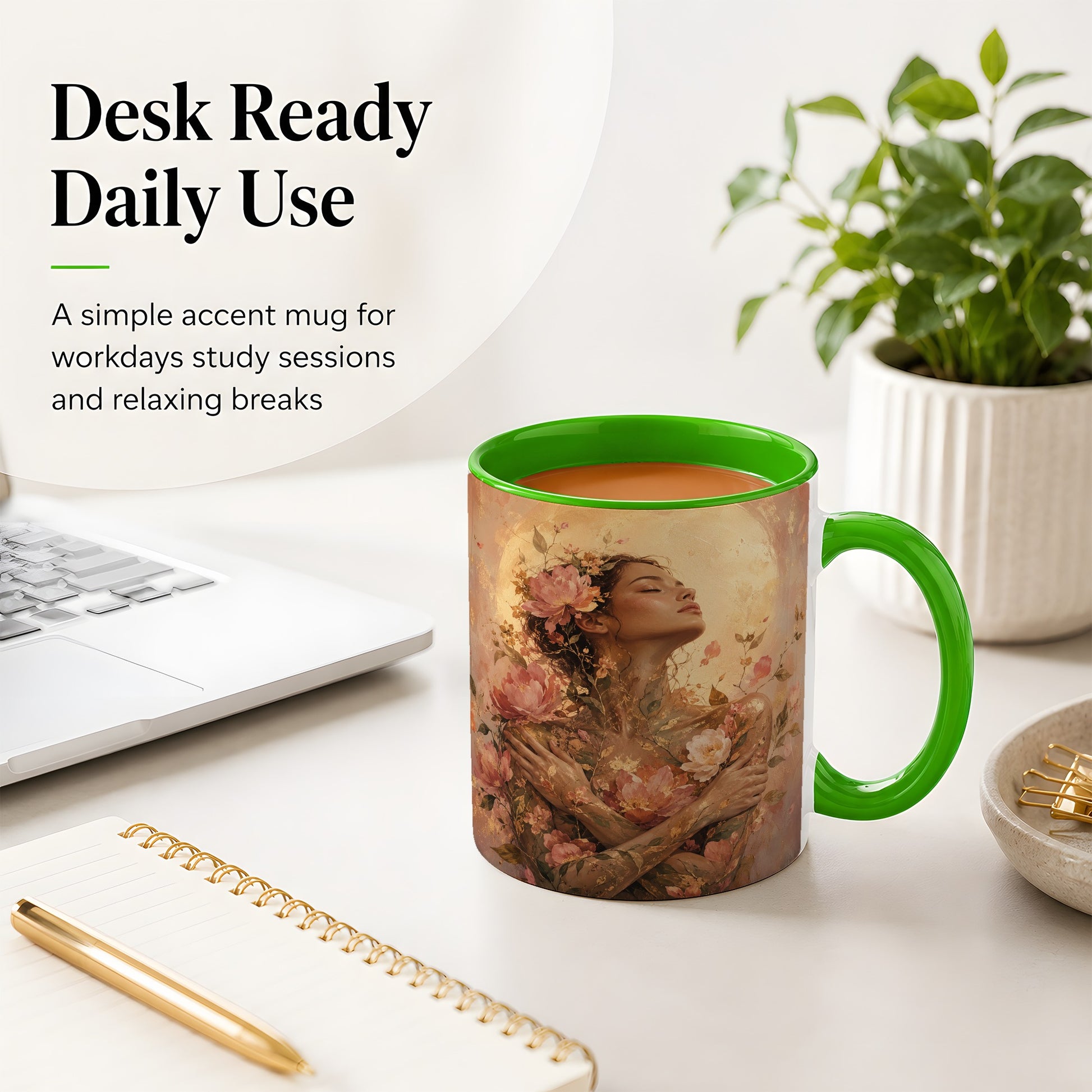 #pl[11oz|Green] Floral Woman Ceramic Mug, Self Embrace Botanical Portrait