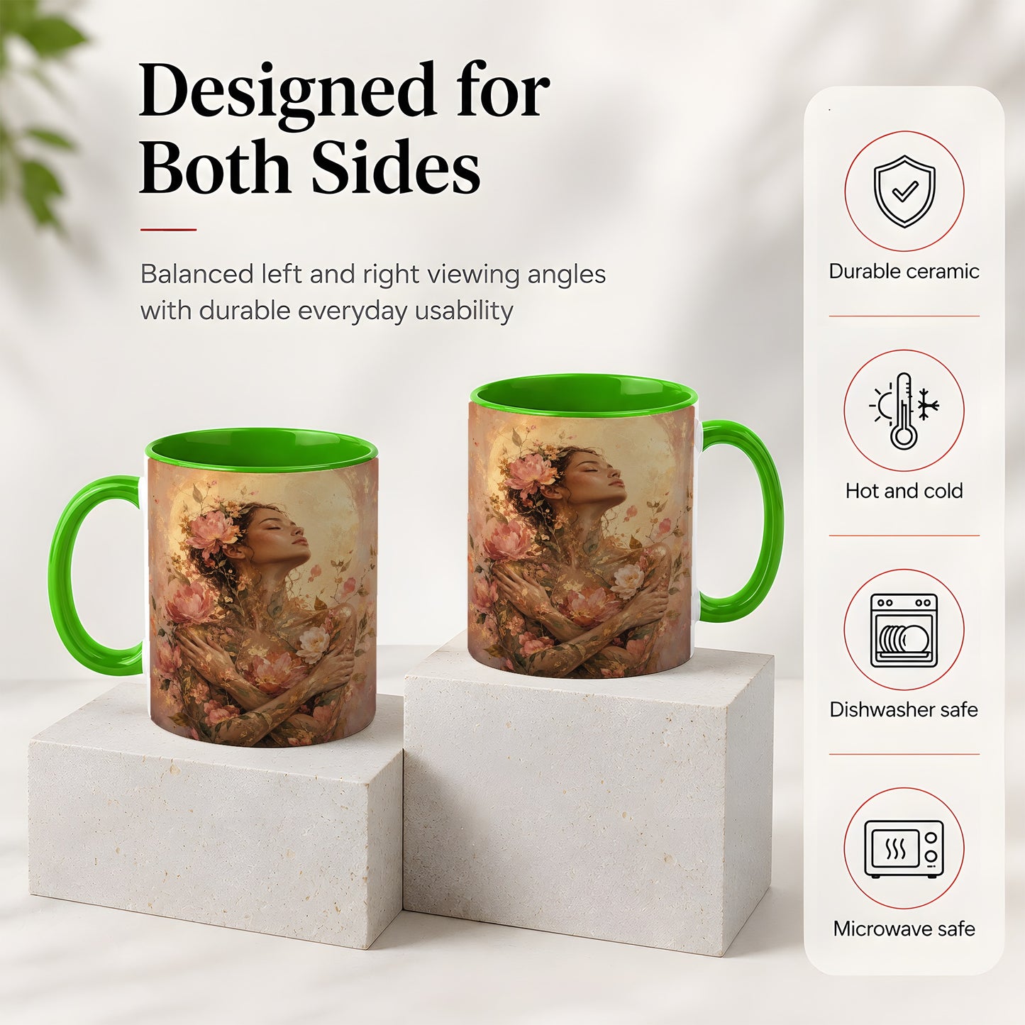 #pl[11oz|Green] Floral Woman Ceramic Mug, Self Embrace Botanical Portrait