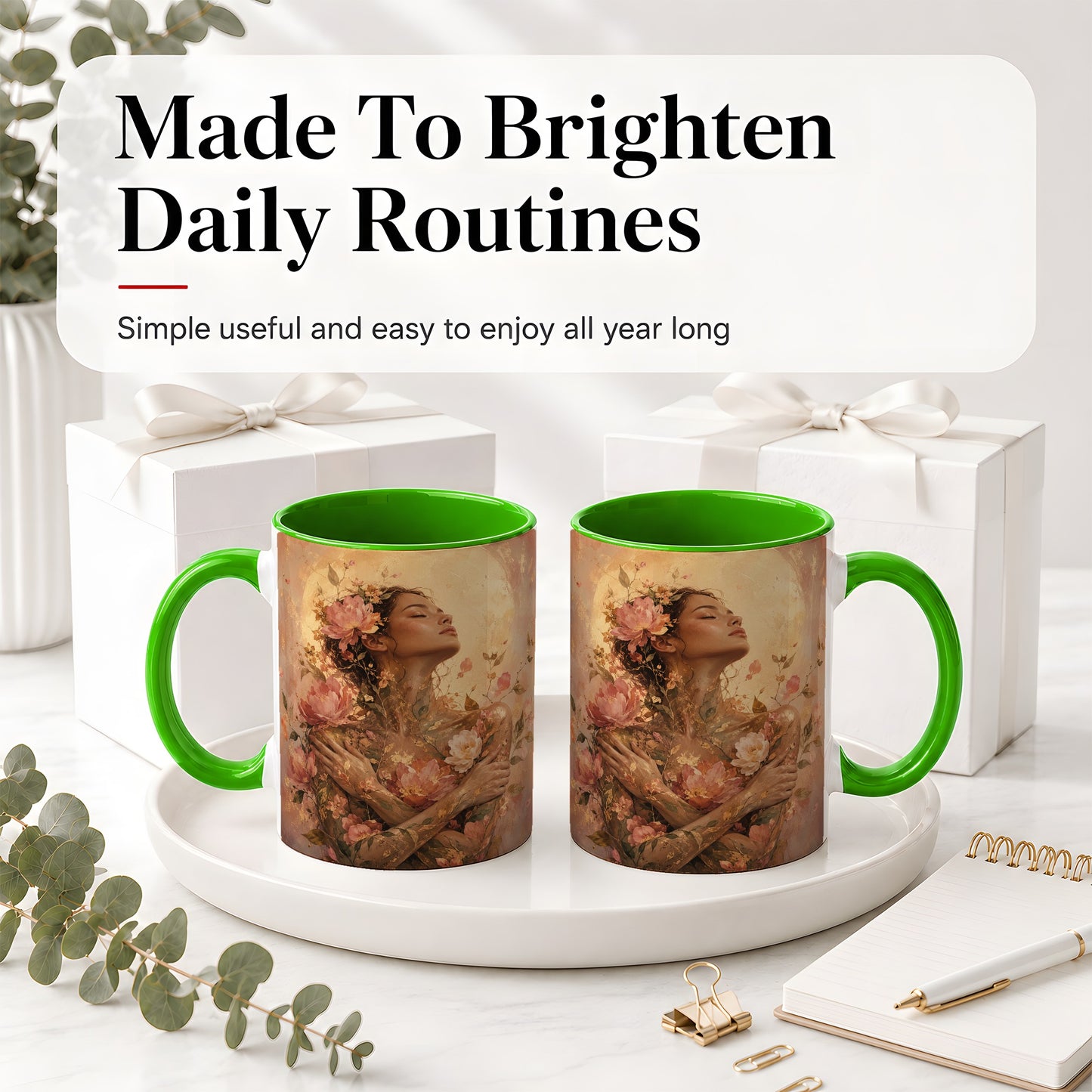 #pl[11oz|Green] Floral Woman Ceramic Mug, Self Embrace Botanical Portrait