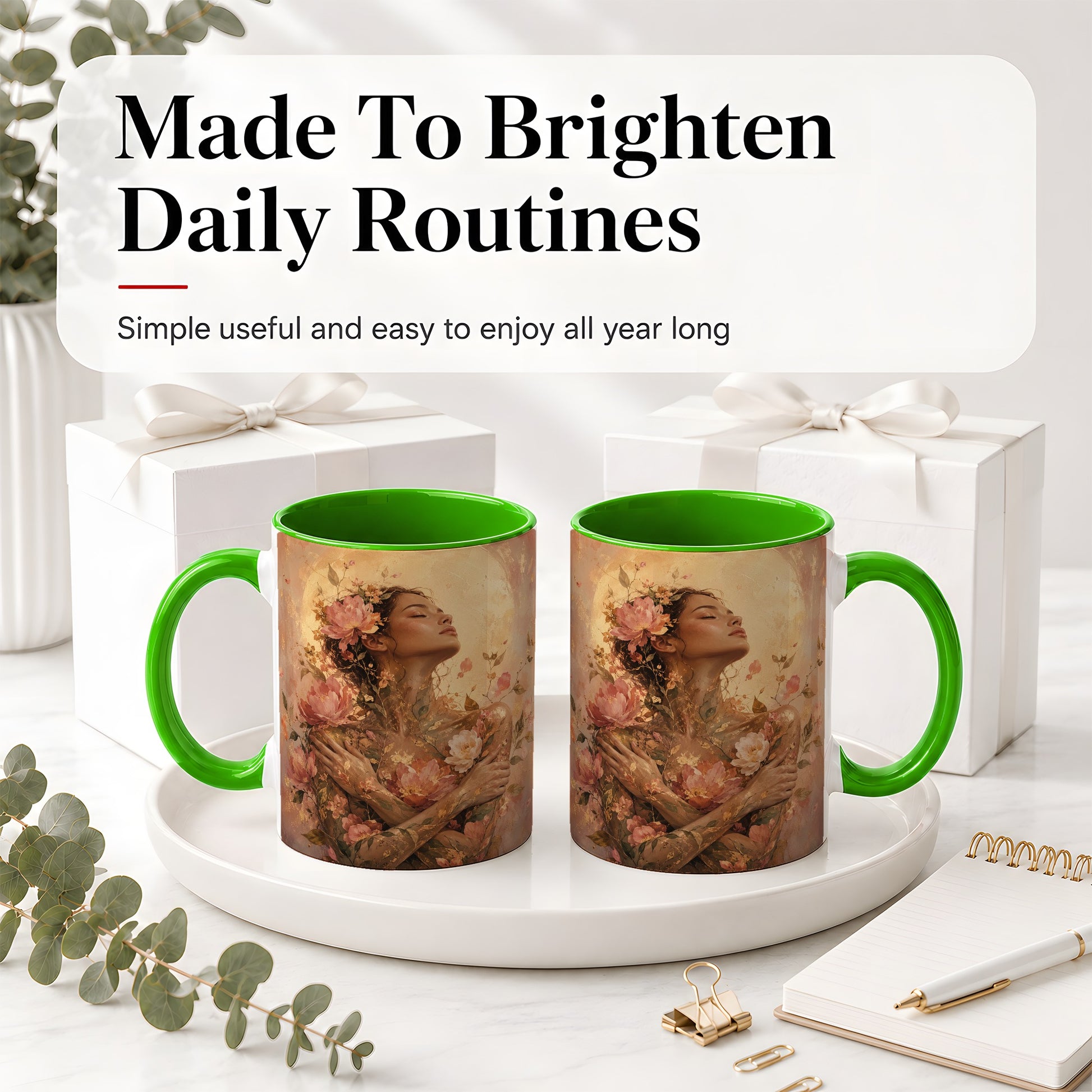 #pl[11oz|Green] Floral Woman Ceramic Mug, Self Embrace Botanical Portrait