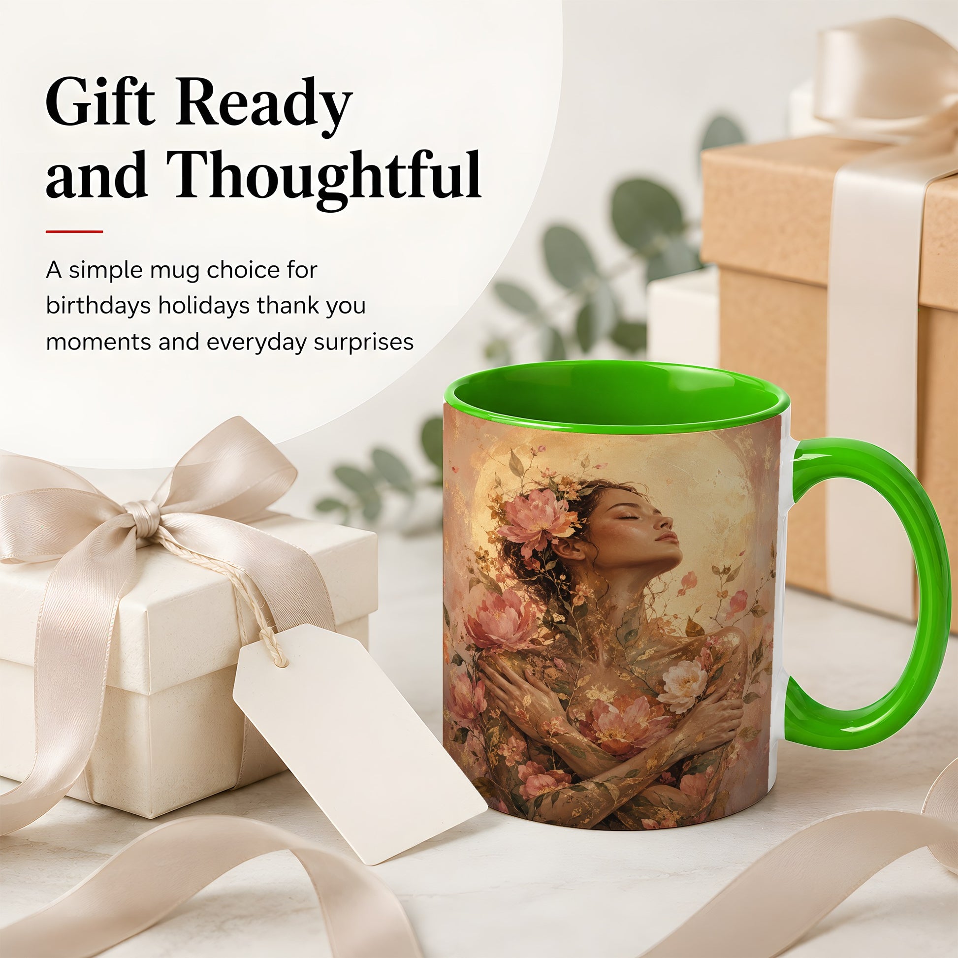 #pl[11oz|Green] Floral Woman Ceramic Mug, Self Embrace Botanical Portrait