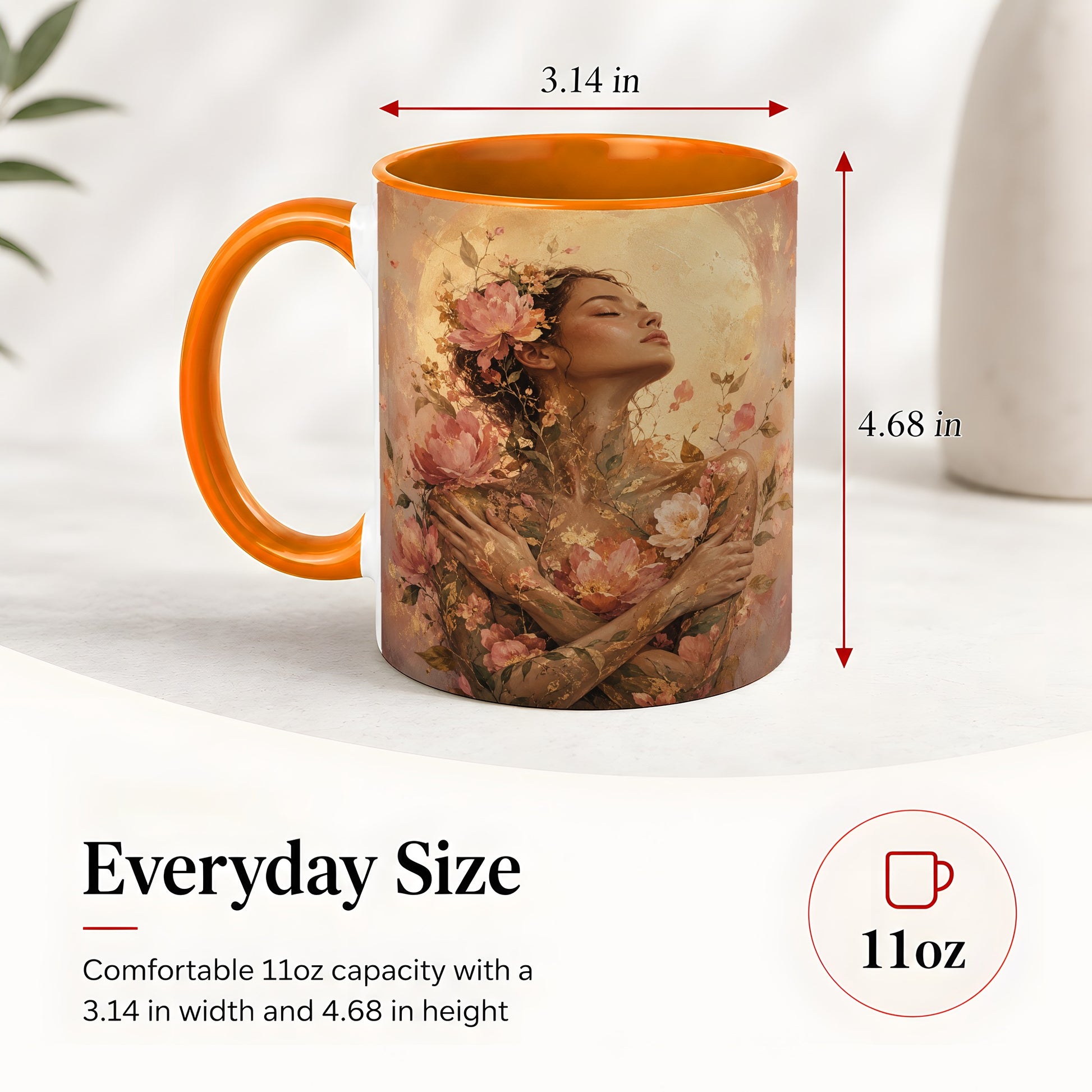 #pl[11oz|Orange] Floral Woman Ceramic Mug, Self Embrace Botanical Portrait