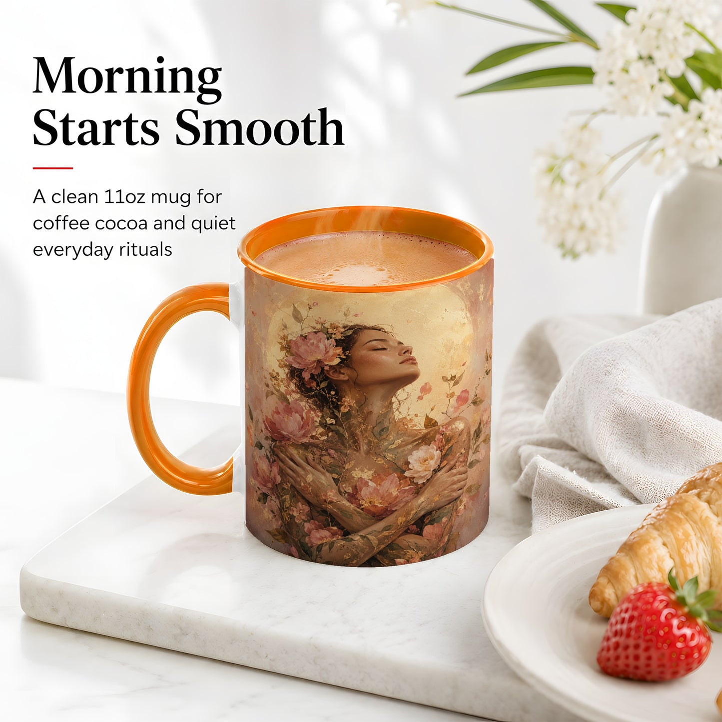 #pl[11oz|Orange] Floral Woman Ceramic Mug, Self Embrace Botanical Portrait