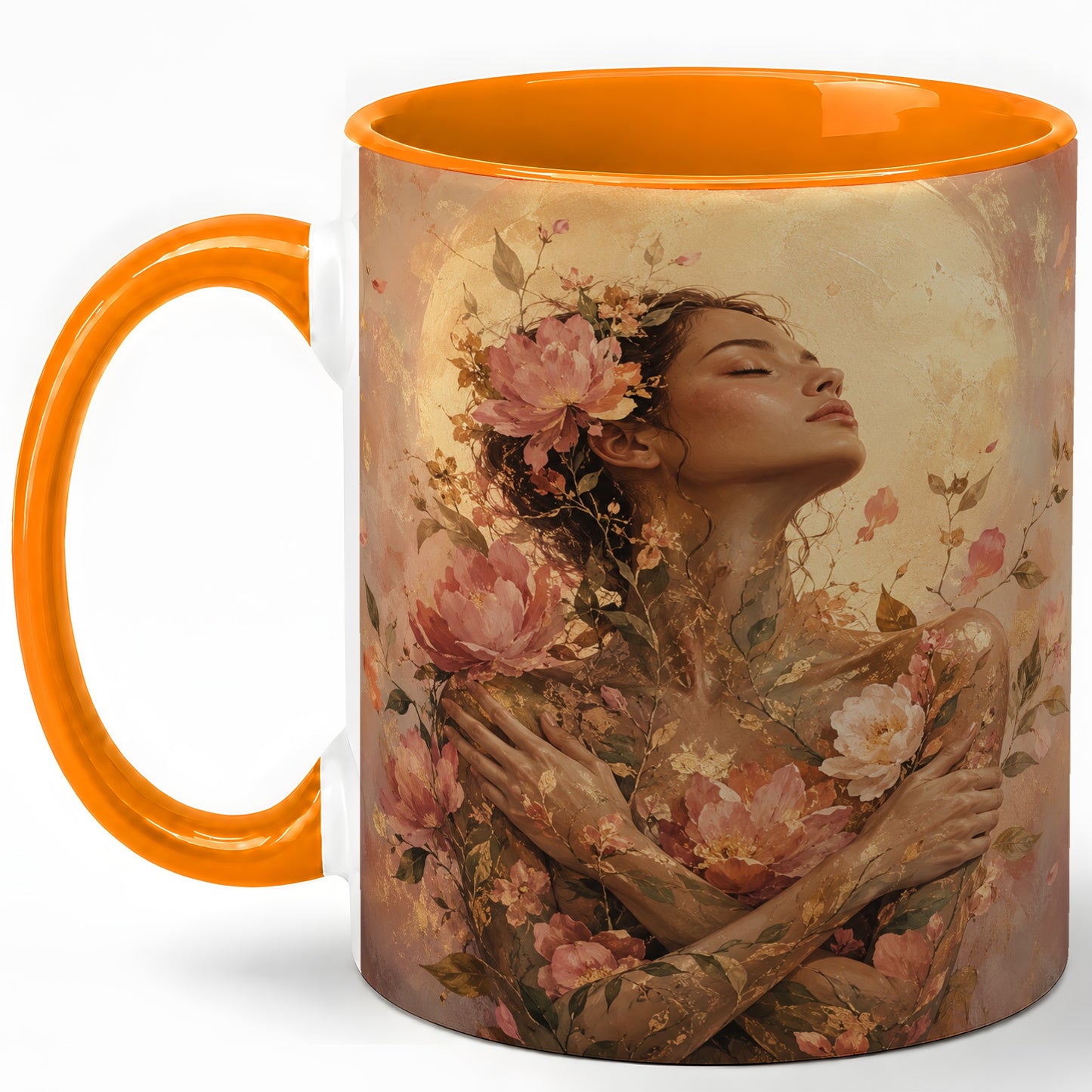 #pl[11oz|Orange] Floral Woman Ceramic Mug, Self Embrace Botanical Portrait