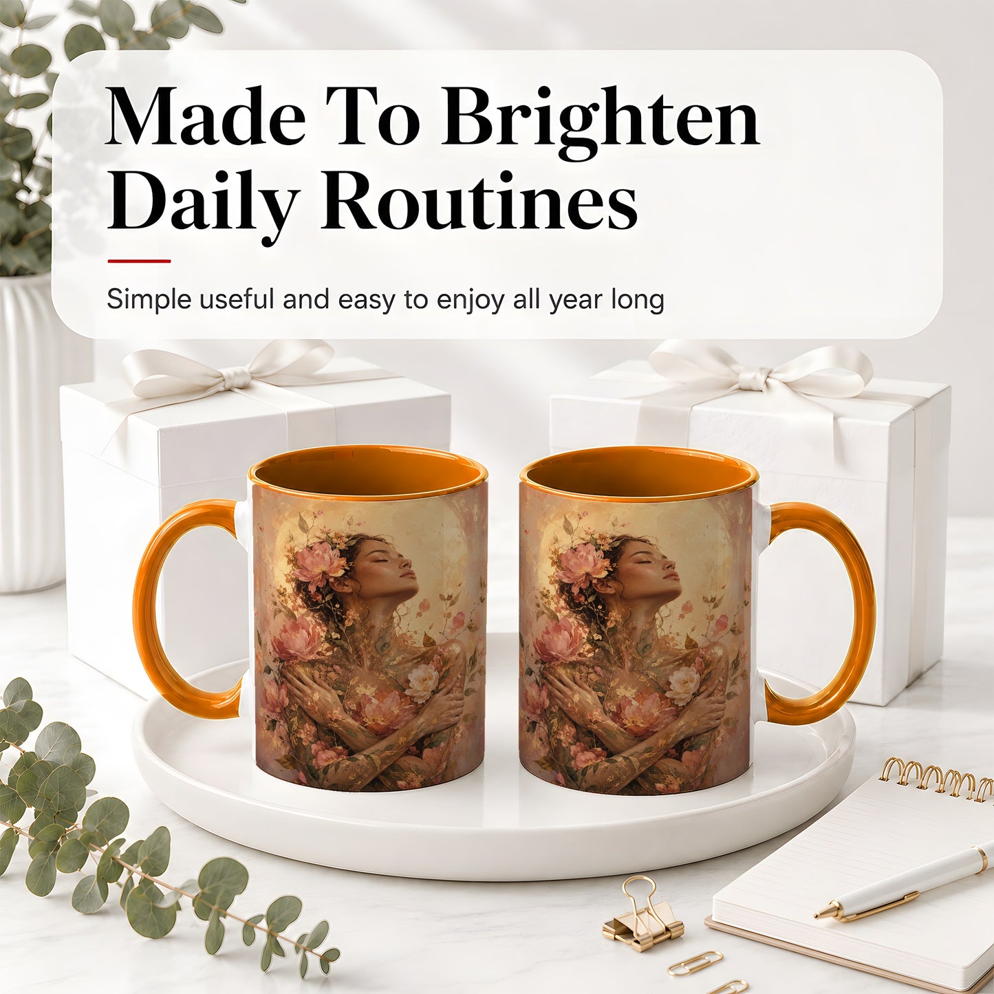 #pl[11oz|Orange] Floral Woman Ceramic Mug, Self Embrace Botanical Portrait