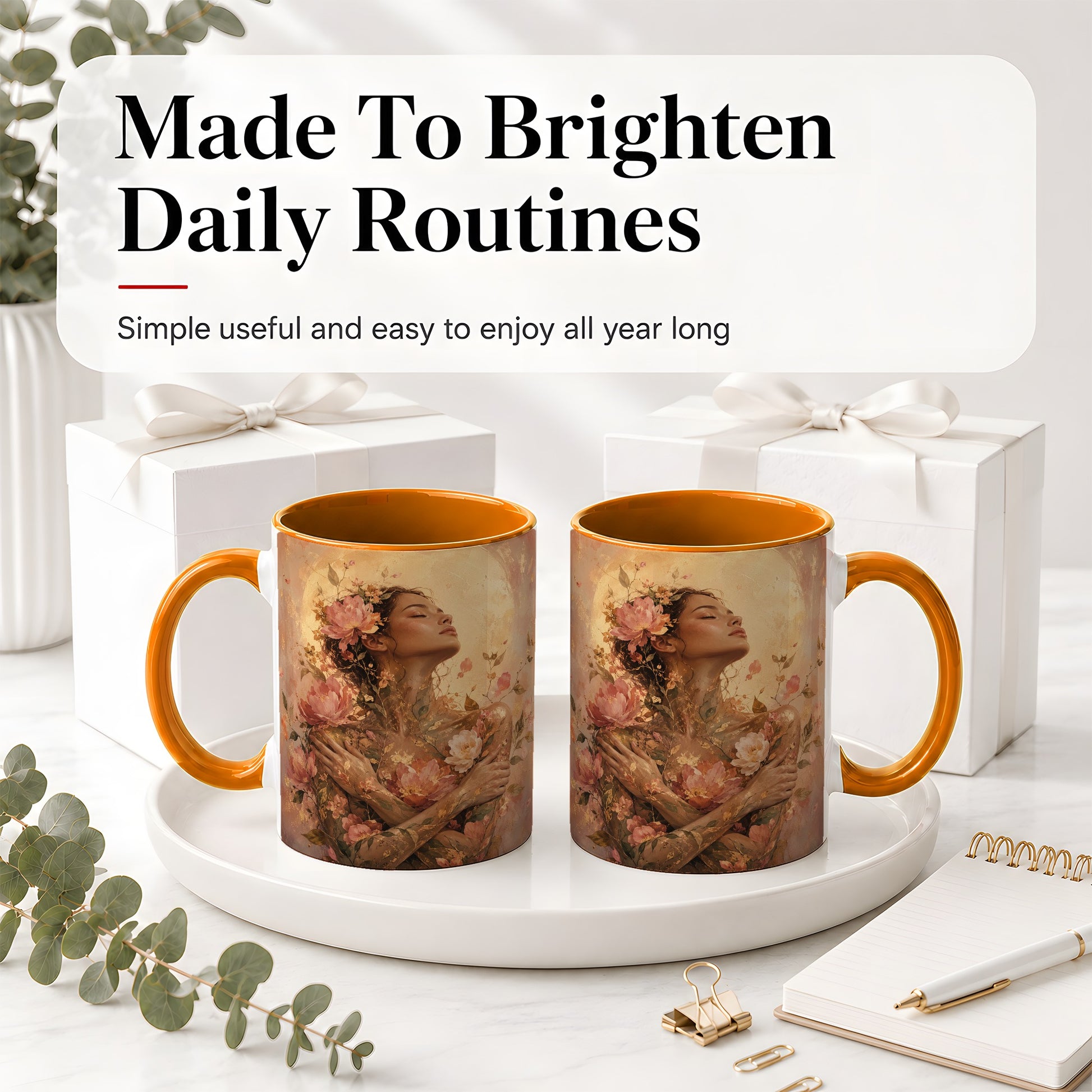 #pl[11oz|Orange] Floral Woman Ceramic Mug, Self Embrace Botanical Portrait