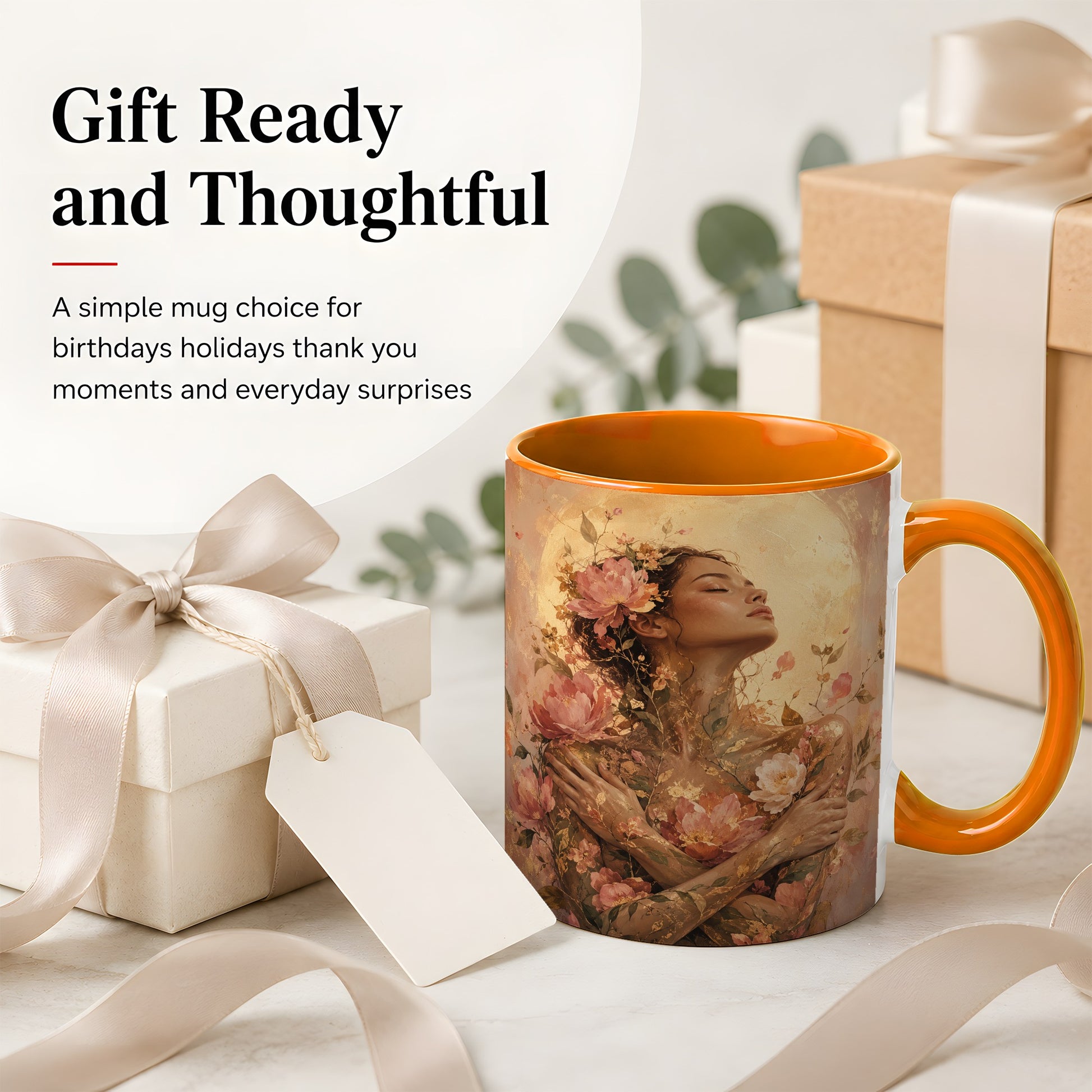 #pl[11oz|Orange] Floral Woman Ceramic Mug, Self Embrace Botanical Portrait