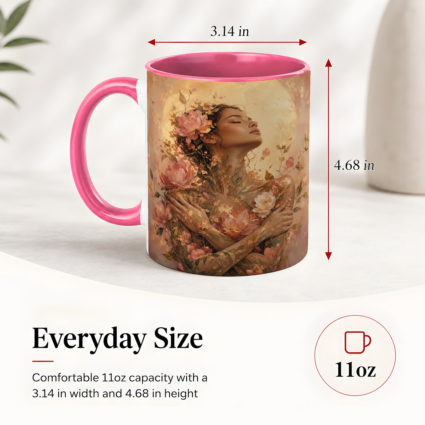 #pl[11oz|Pink] Floral Woman Ceramic Mug, Self Embrace Botanical Portrait