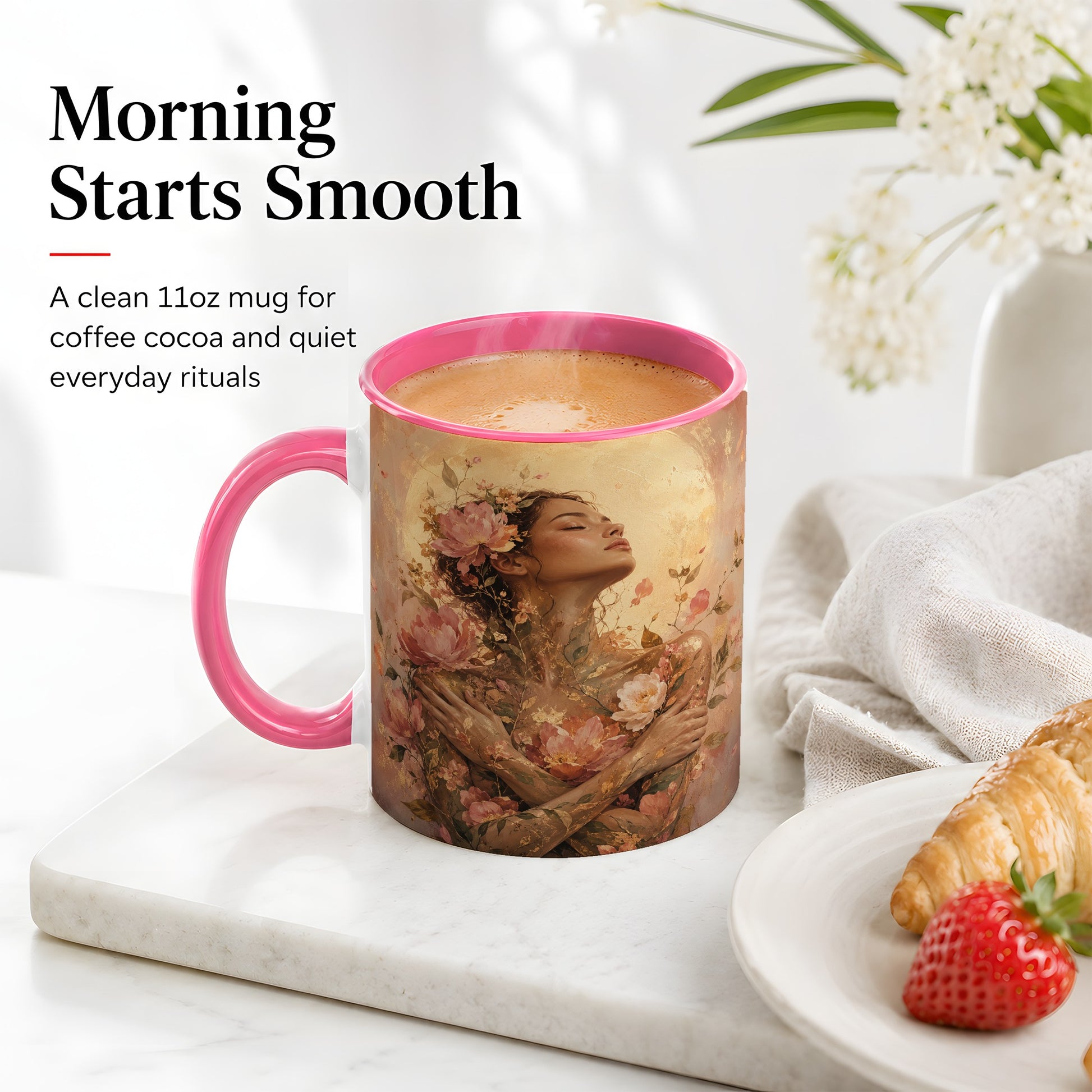 #pl[11oz|Pink] Floral Woman Ceramic Mug, Self Embrace Botanical Portrait