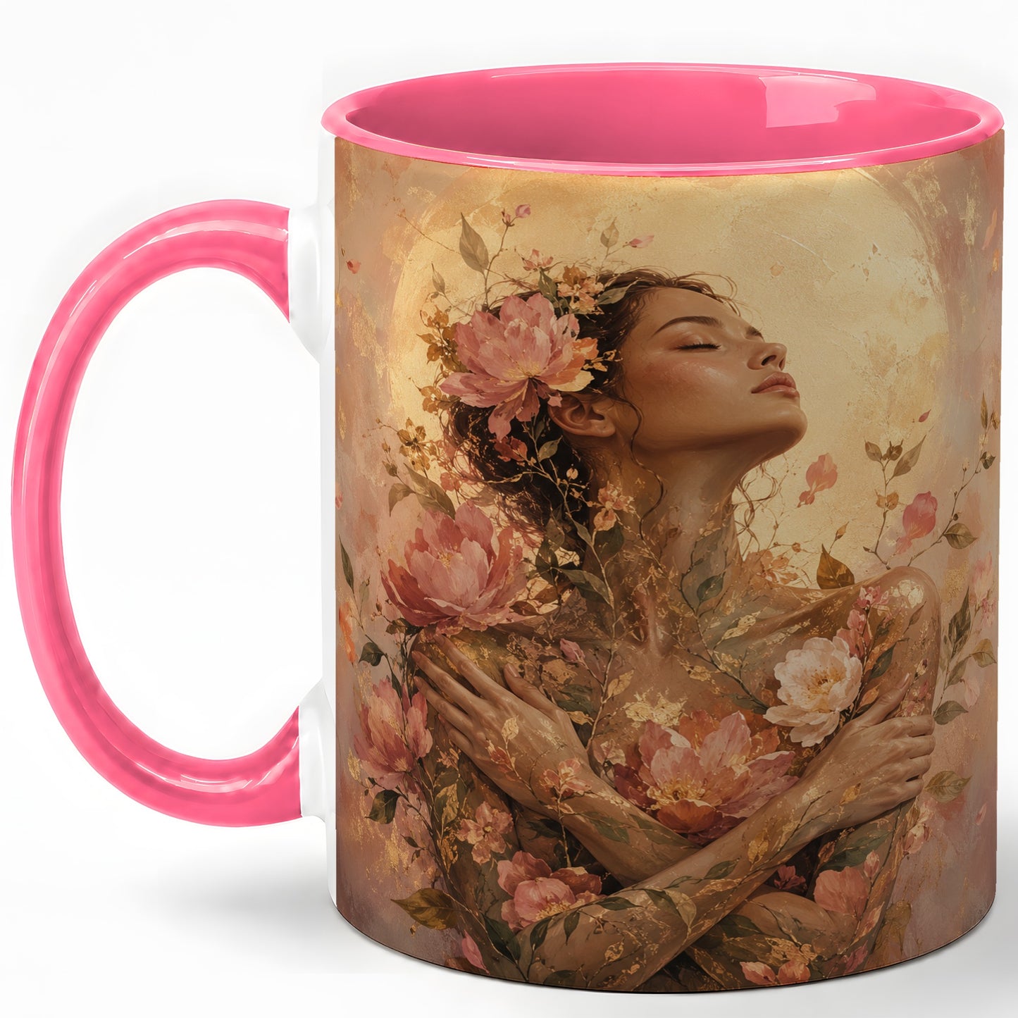 #pl[11oz|Pink] Floral Woman Ceramic Mug, Self Embrace Botanical Portrait