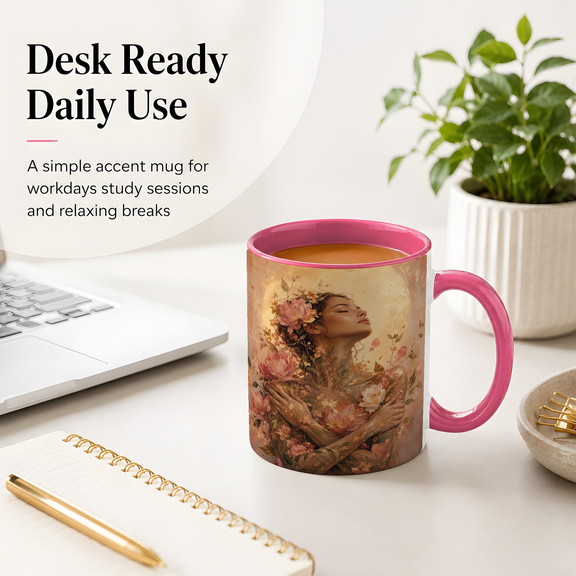 #pl[11oz|Pink] Floral Woman Ceramic Mug, Self Embrace Botanical Portrait