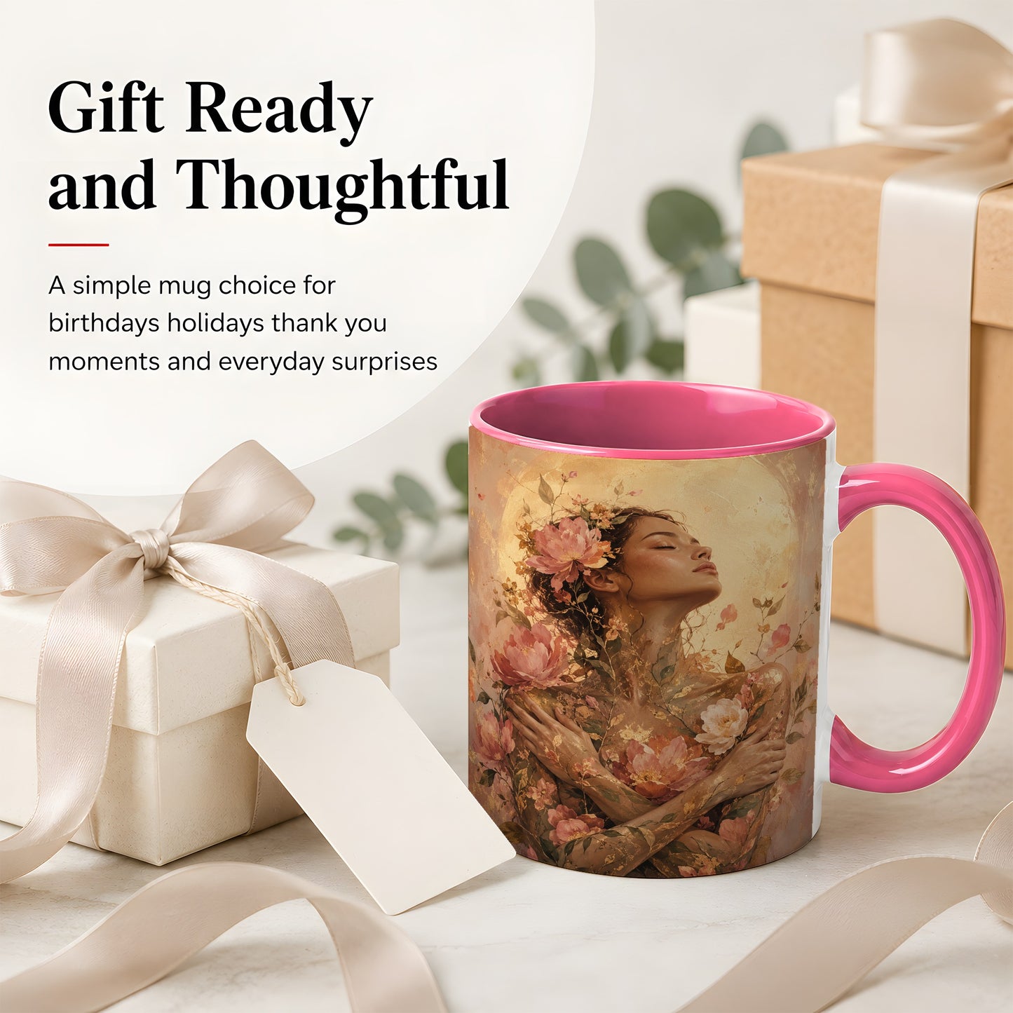 #pl[11oz|Pink] Floral Woman Ceramic Mug, Self Embrace Botanical Portrait