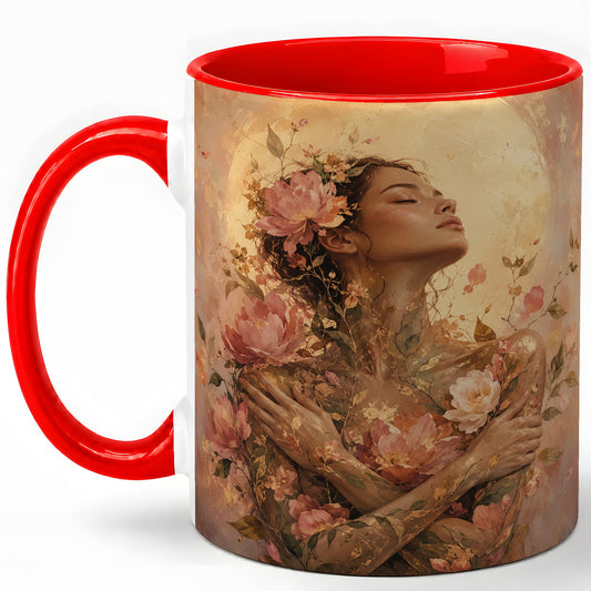 Floral Woman Ceramic Mug, Self Embrace Botanical Portrait