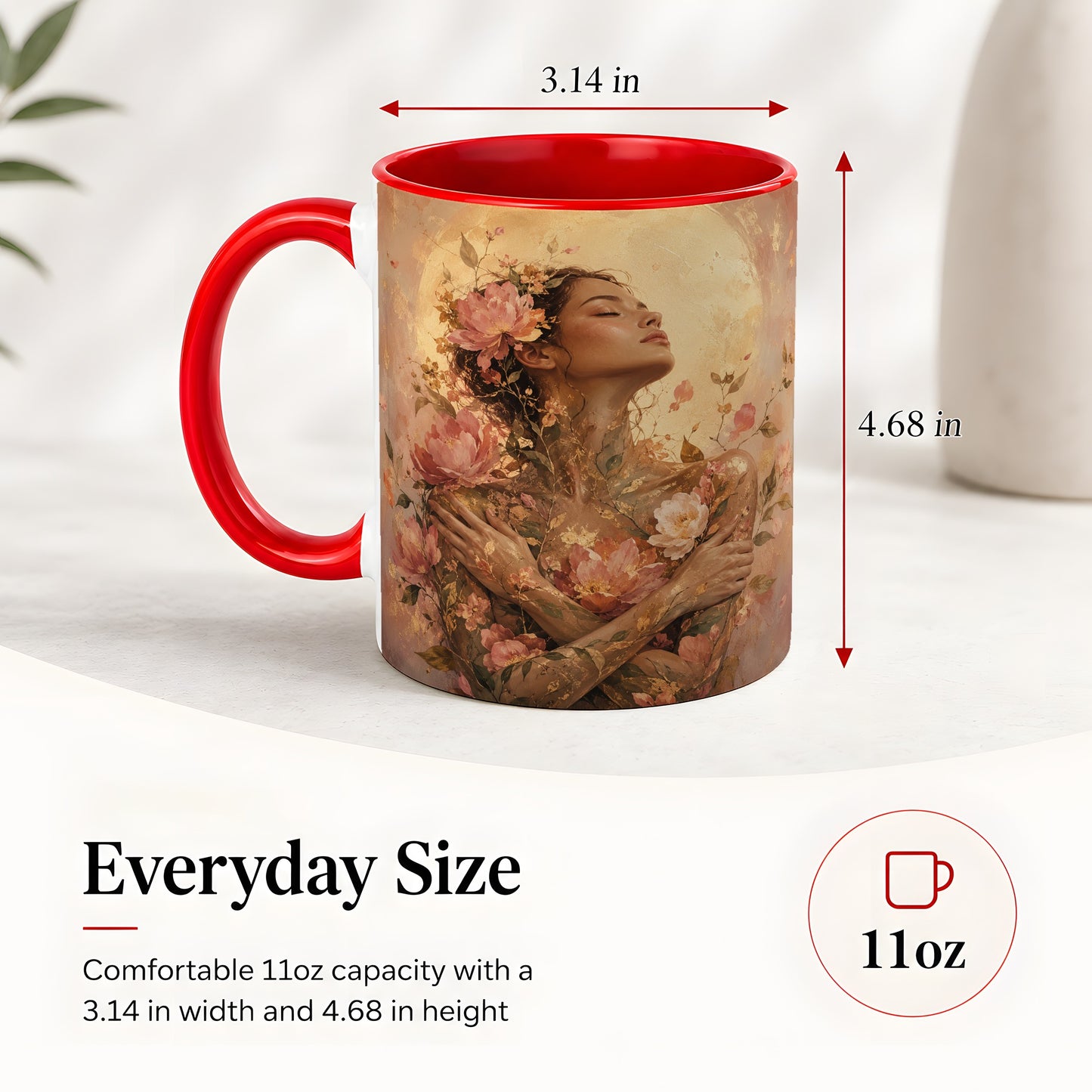 #pl[11oz|Red] Floral Woman Ceramic Mug, Self Embrace Botanical Portrait