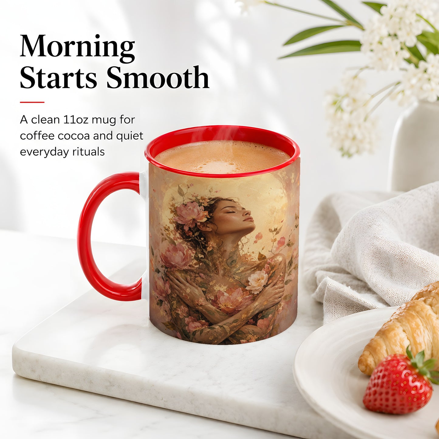 #pl[11oz|Red] Floral Woman Ceramic Mug, Self Embrace Botanical Portrait