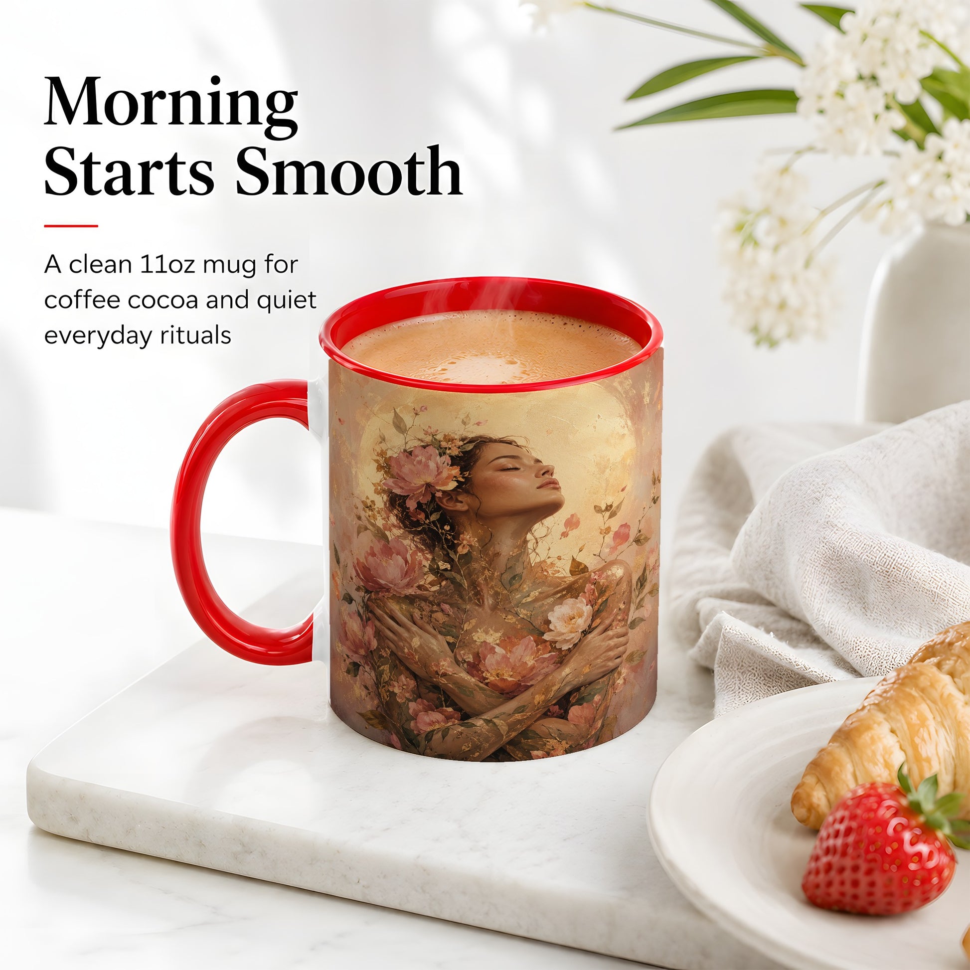 #pl[11oz|Red] Floral Woman Ceramic Mug, Self Embrace Botanical Portrait