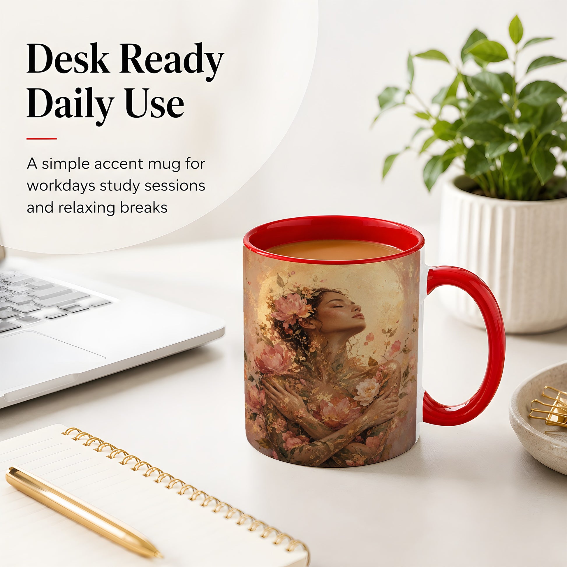 #pl[11oz|Red] Floral Woman Ceramic Mug, Self Embrace Botanical Portrait