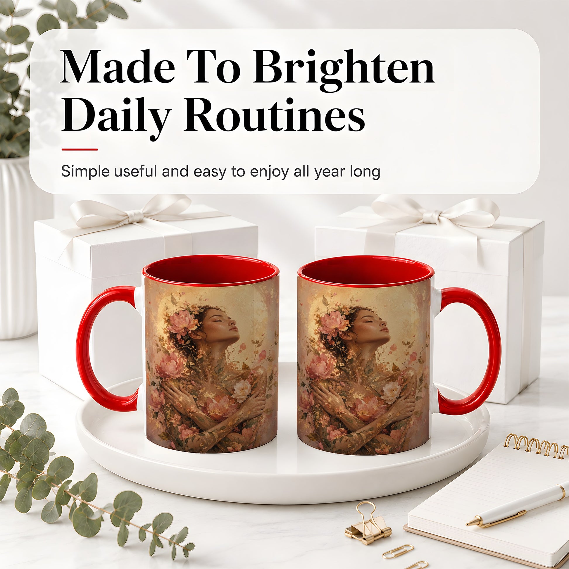 #pl[11oz|Red] Floral Woman Ceramic Mug, Self Embrace Botanical Portrait