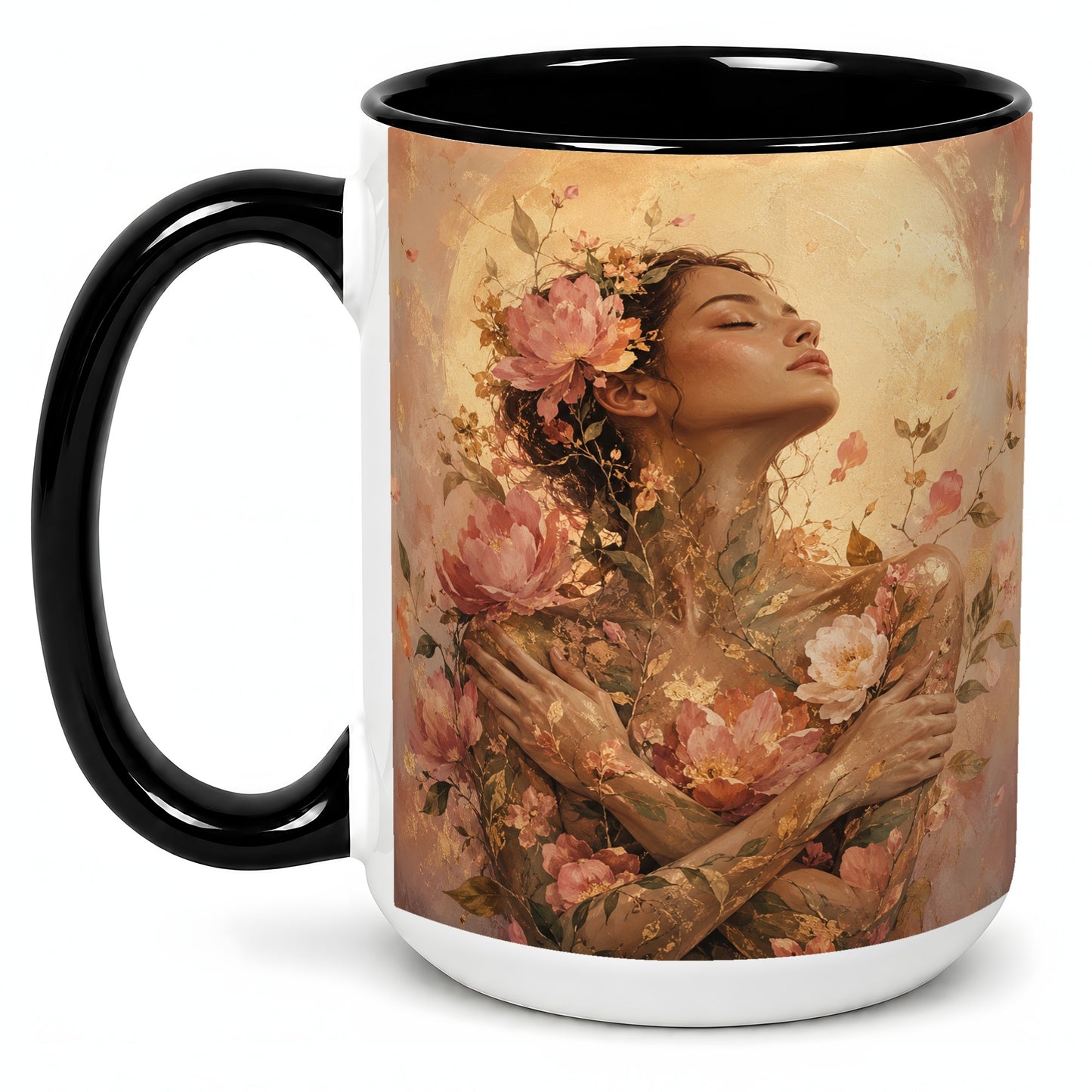 #pl[15oz|Black] Floral Woman Ceramic Mug, Self Embrace Botanical Portrait