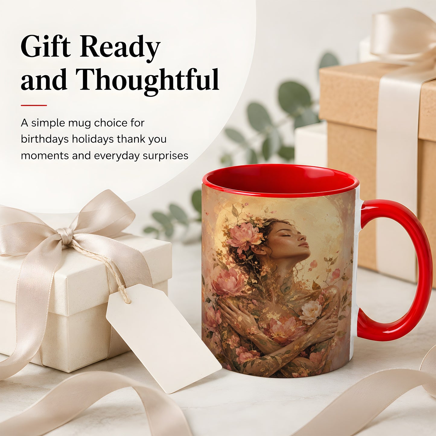 #pl[11oz|Red] Floral Woman Ceramic Mug, Self Embrace Botanical Portrait