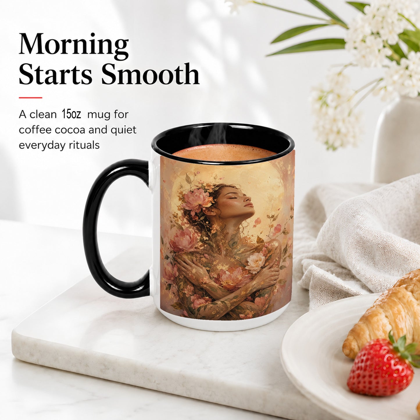 #pl[15oz|Black] Floral Woman Ceramic Mug, Self Embrace Botanical Portrait