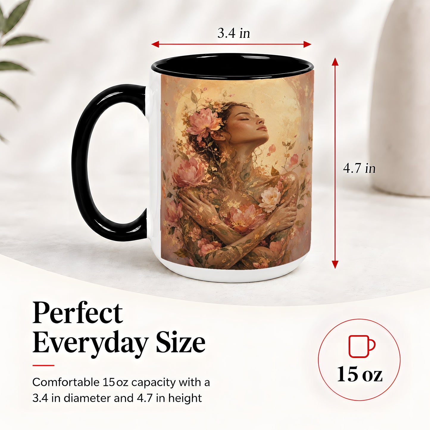 #pl[15oz|Black] Floral Woman Ceramic Mug, Self Embrace Botanical Portrait