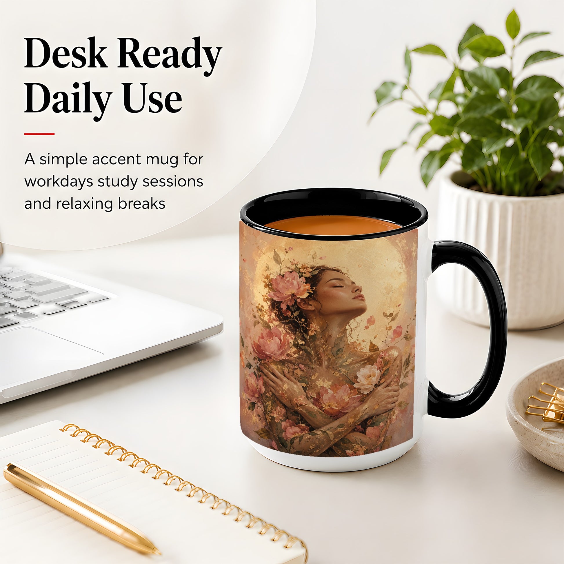 #pl[15oz|Black] Floral Woman Ceramic Mug, Self Embrace Botanical Portrait