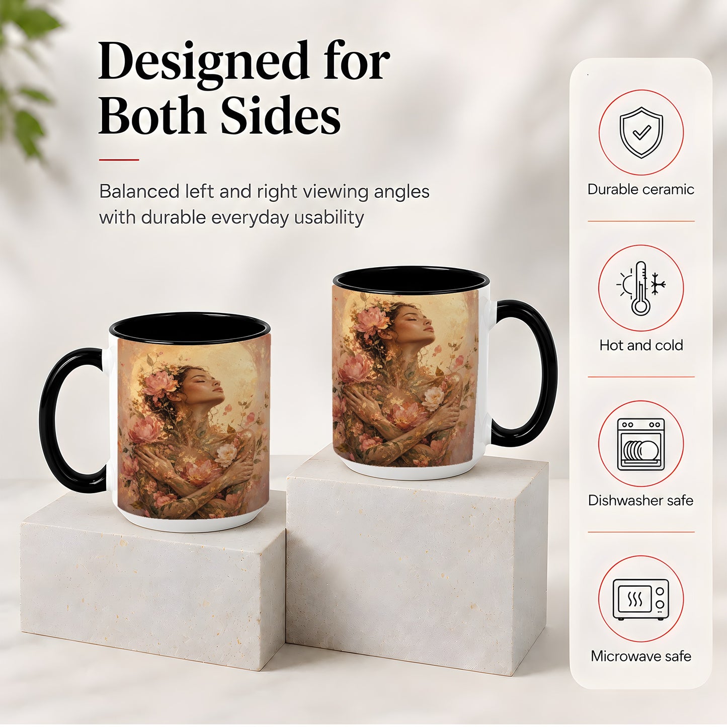 #pl[15oz|Black] Floral Woman Ceramic Mug, Self Embrace Botanical Portrait