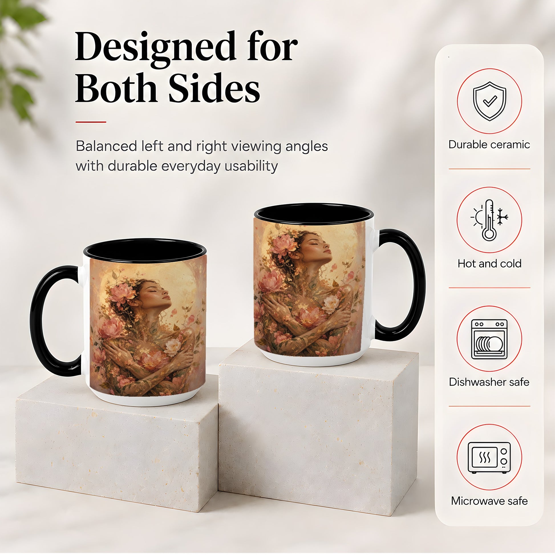 #pl[15oz|Black] Floral Woman Ceramic Mug, Self Embrace Botanical Portrait