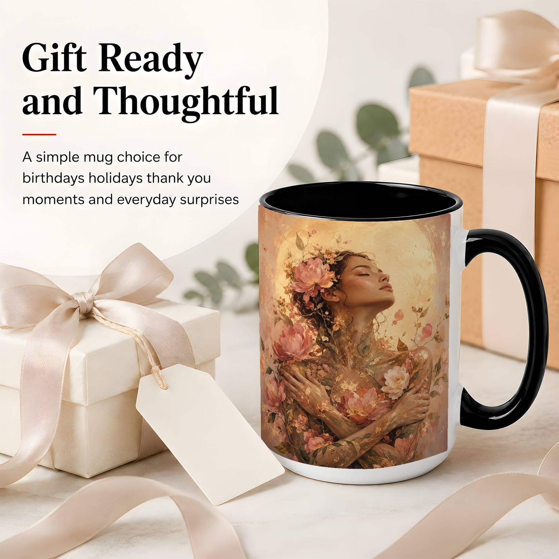 #pl[15oz|Black] Floral Woman Ceramic Mug, Self Embrace Botanical Portrait