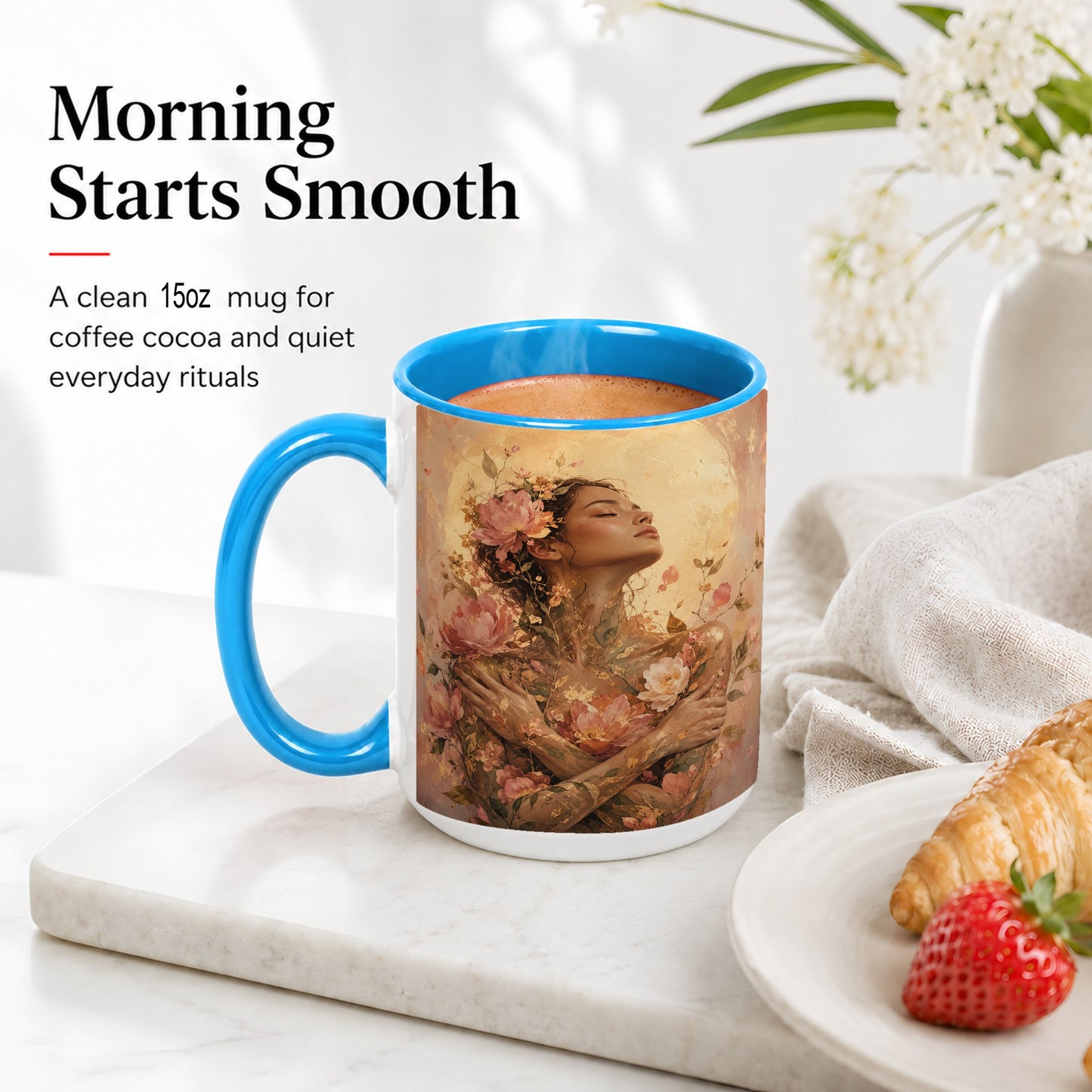 #pl[15oz|Blue] Floral Woman Ceramic Mug, Self Embrace Botanical Portrait