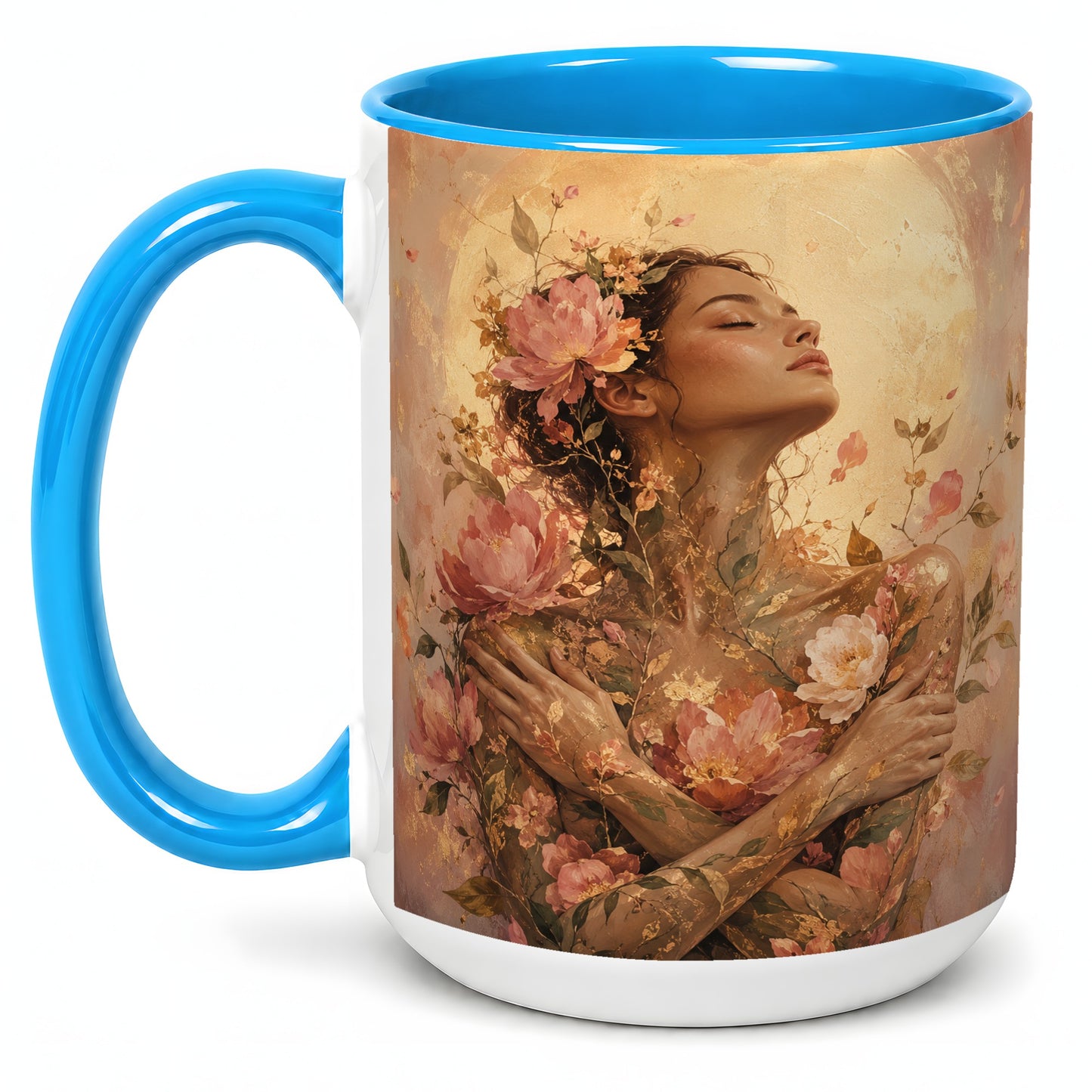 #pl[15oz|Blue] Floral Woman Ceramic Mug, Self Embrace Botanical Portrait