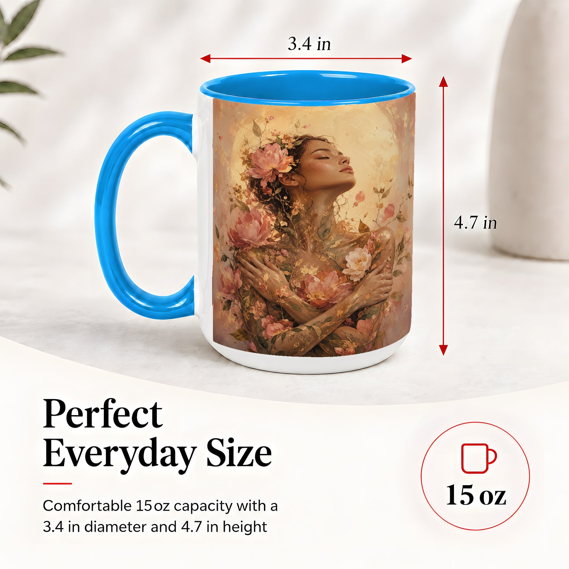 #pl[15oz|Blue] Floral Woman Ceramic Mug, Self Embrace Botanical Portrait