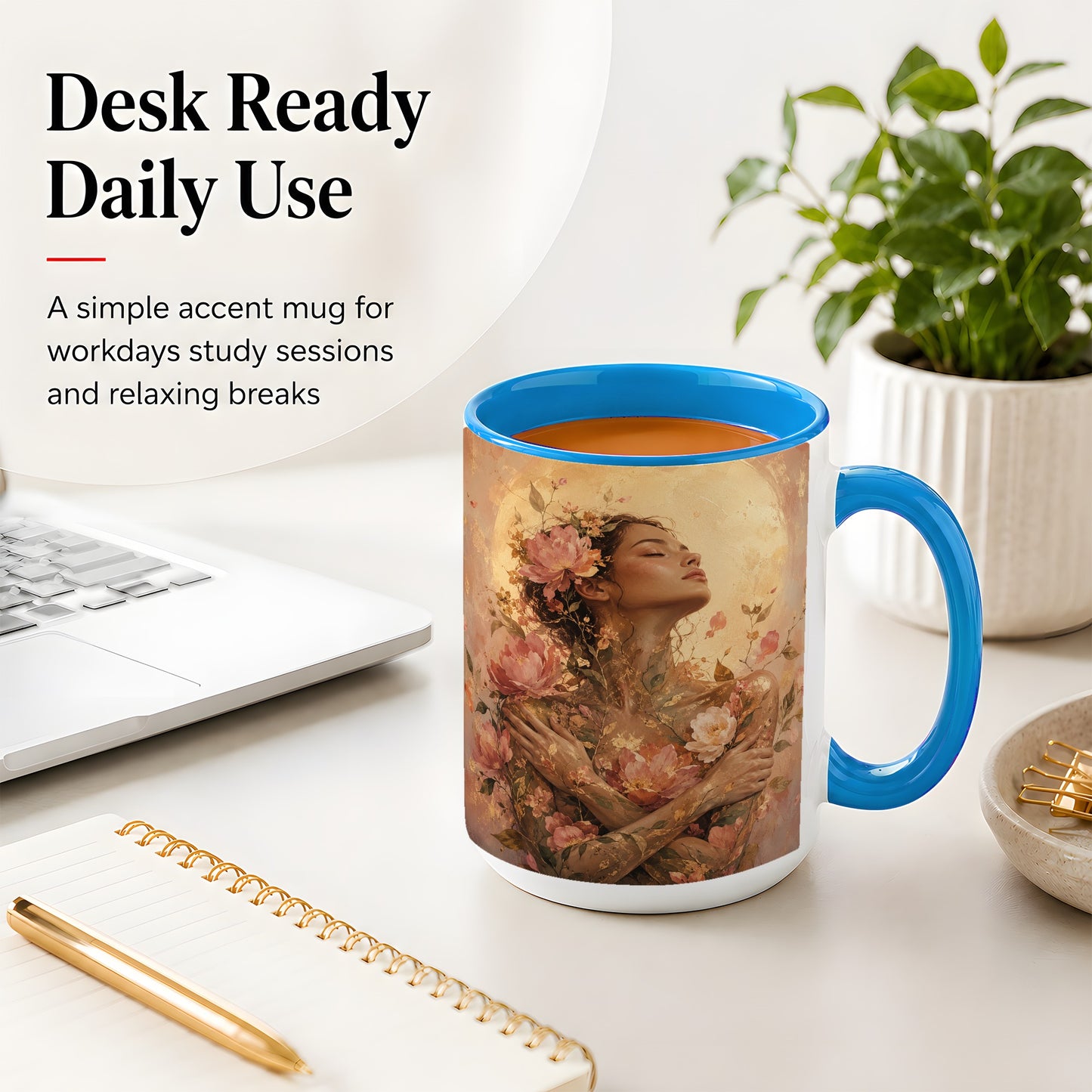 #pl[15oz|Blue] Floral Woman Ceramic Mug, Self Embrace Botanical Portrait