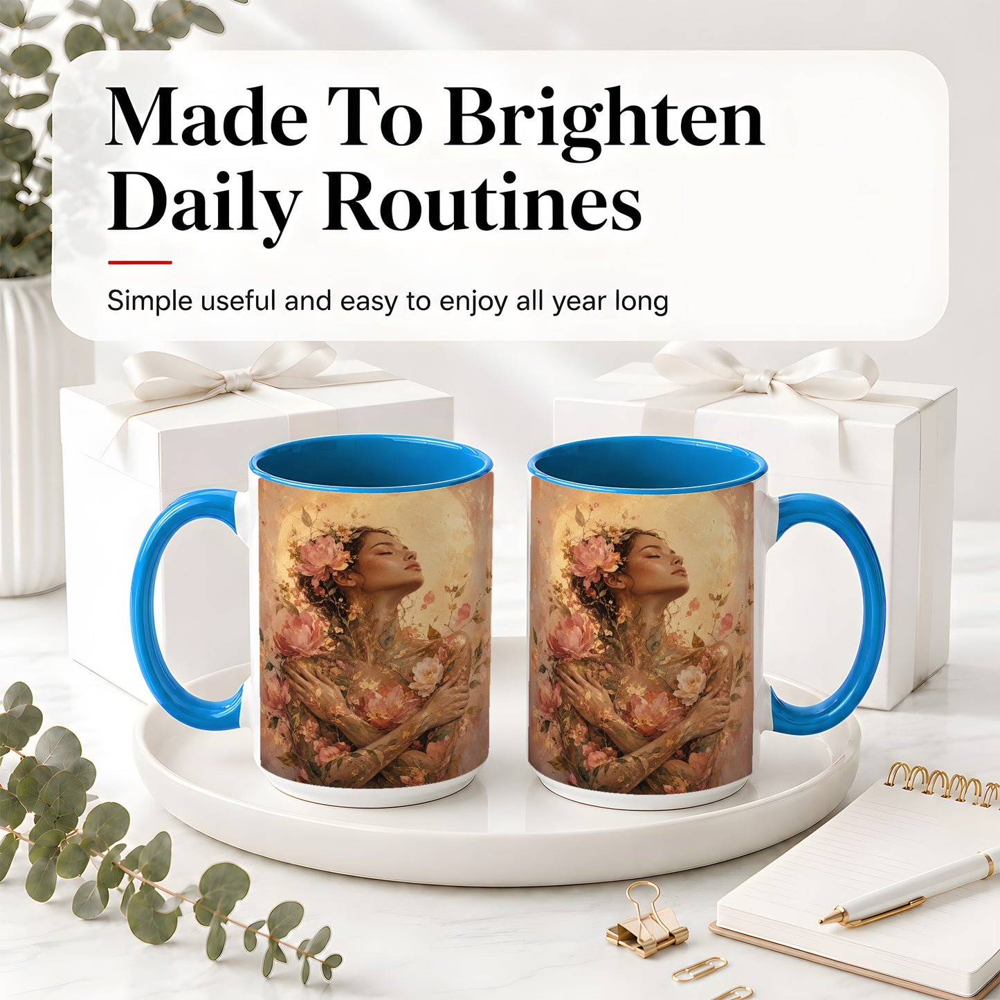 #pl[15oz|Blue] Floral Woman Ceramic Mug, Self Embrace Botanical Portrait