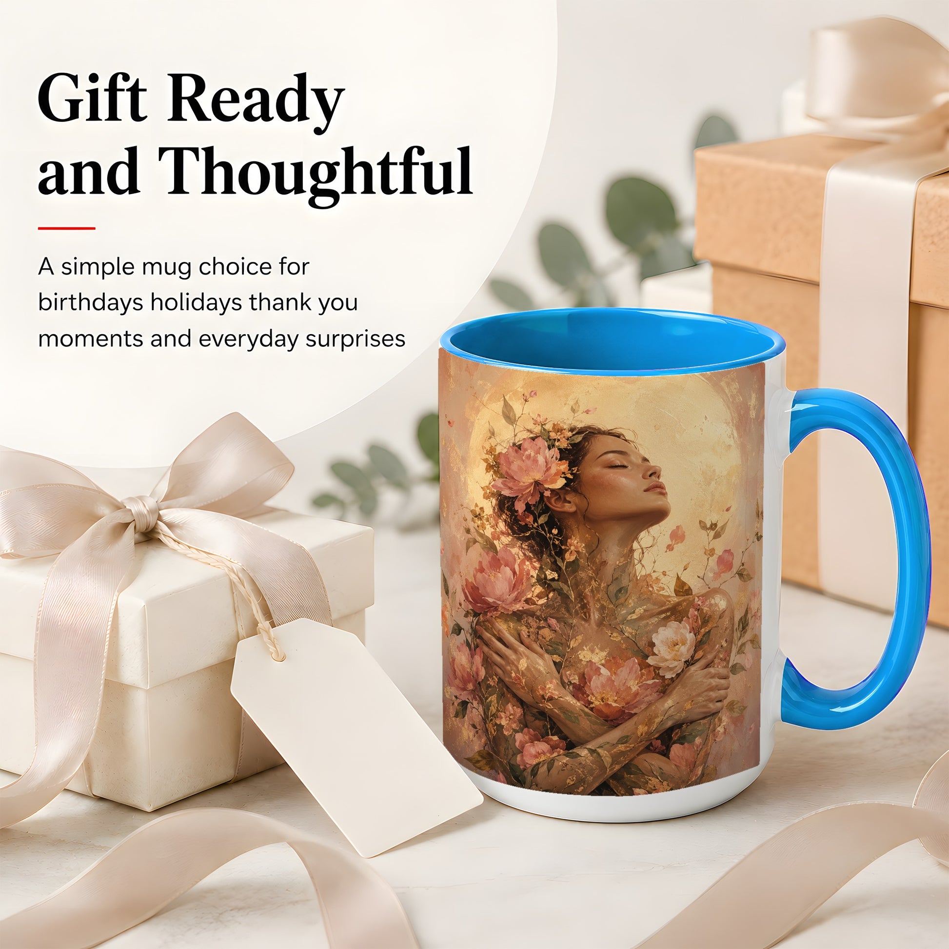 #pl[15oz|Blue] Floral Woman Ceramic Mug, Self Embrace Botanical Portrait