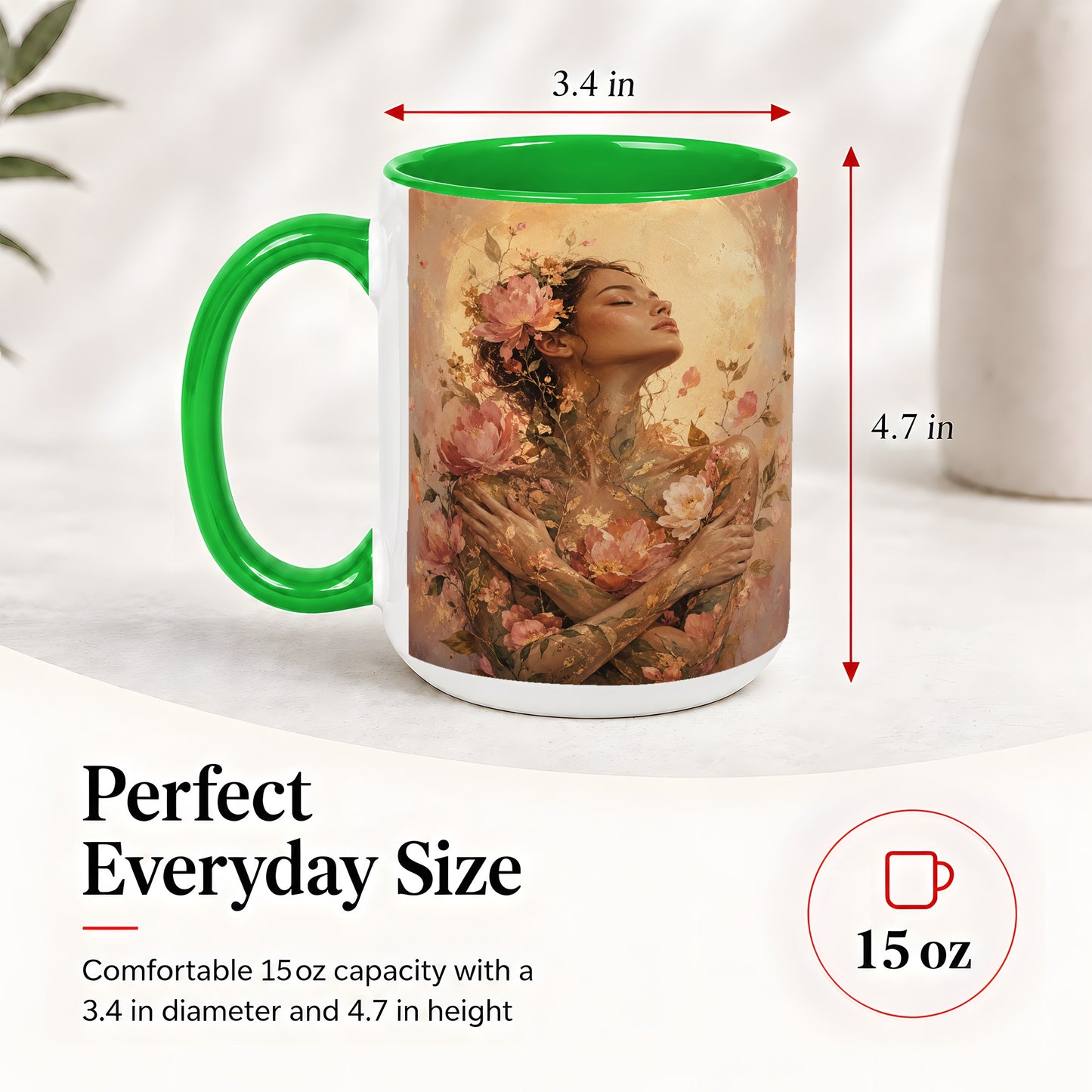 #pl[15oz|Green] Floral Woman Ceramic Mug, Self Embrace Botanical Portrait