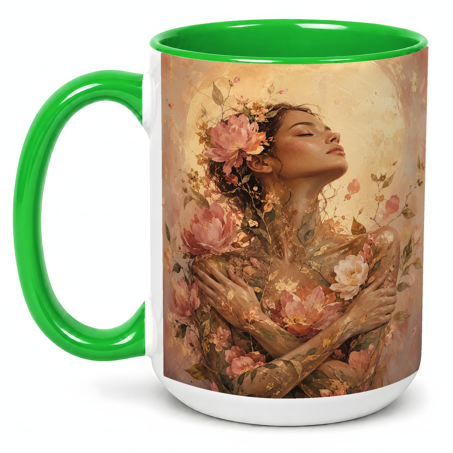 #pl[15oz|Green] Floral Woman Ceramic Mug, Self Embrace Botanical Portrait