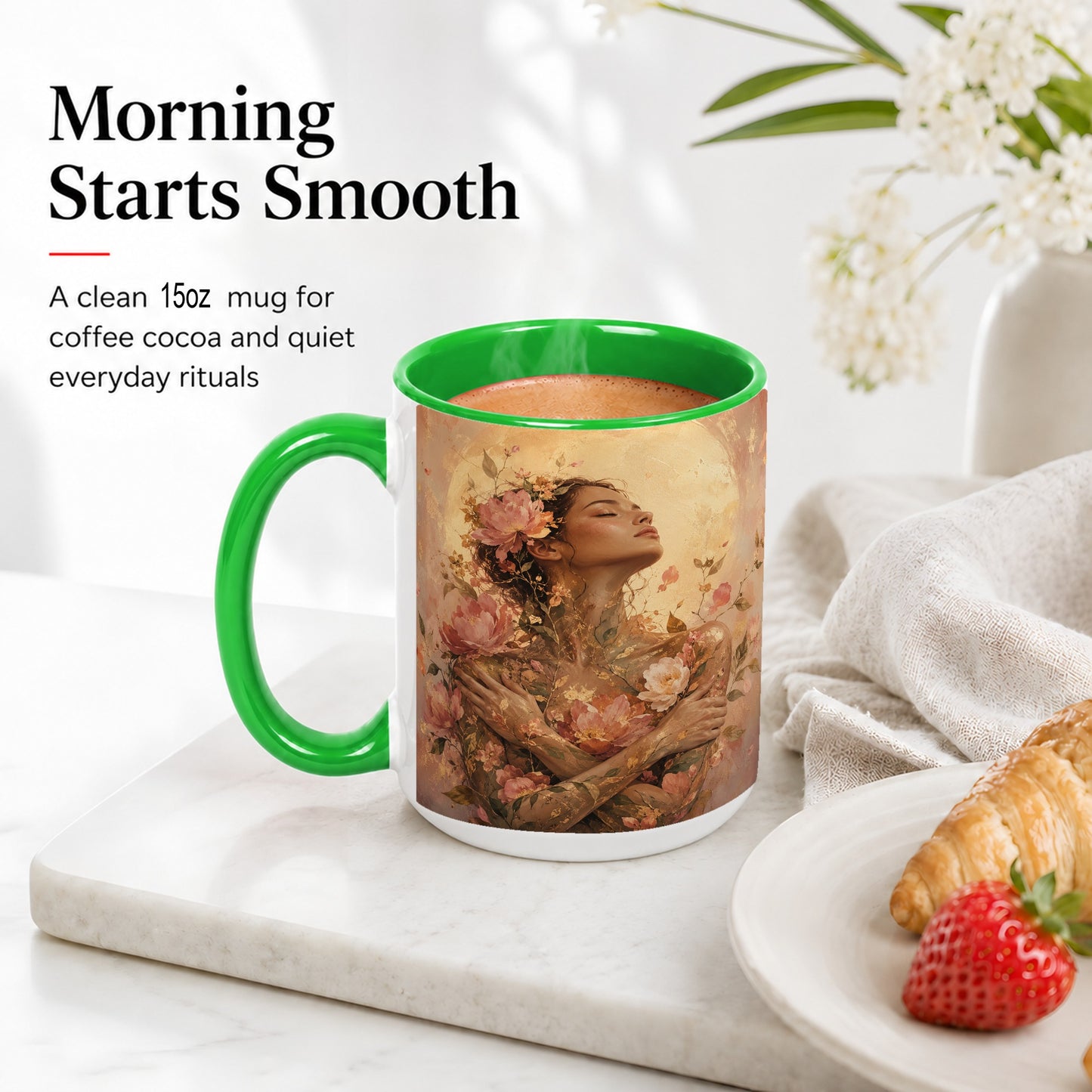 #pl[15oz|Green] Floral Woman Ceramic Mug, Self Embrace Botanical Portrait
