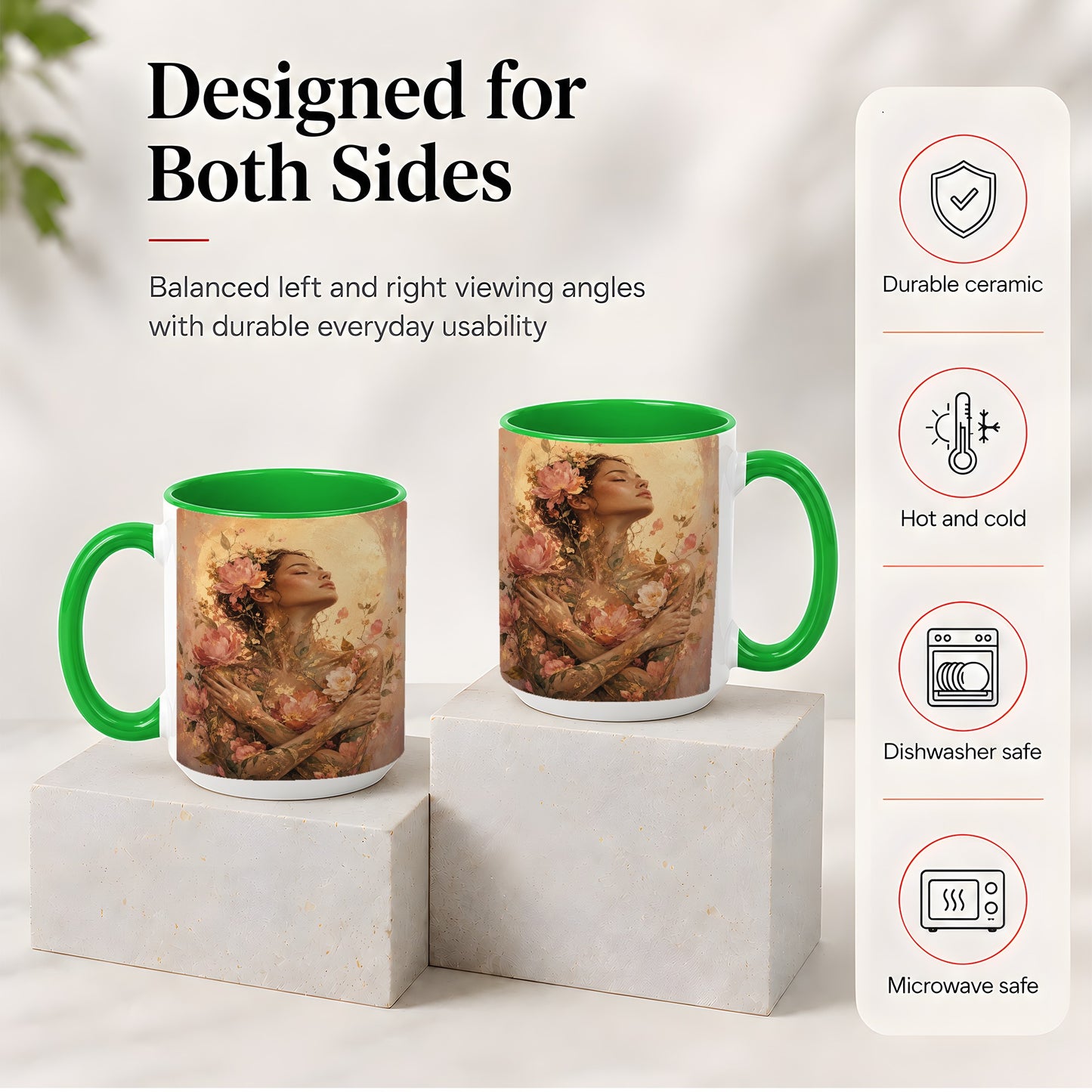 #pl[15oz|Green] Floral Woman Ceramic Mug, Self Embrace Botanical Portrait