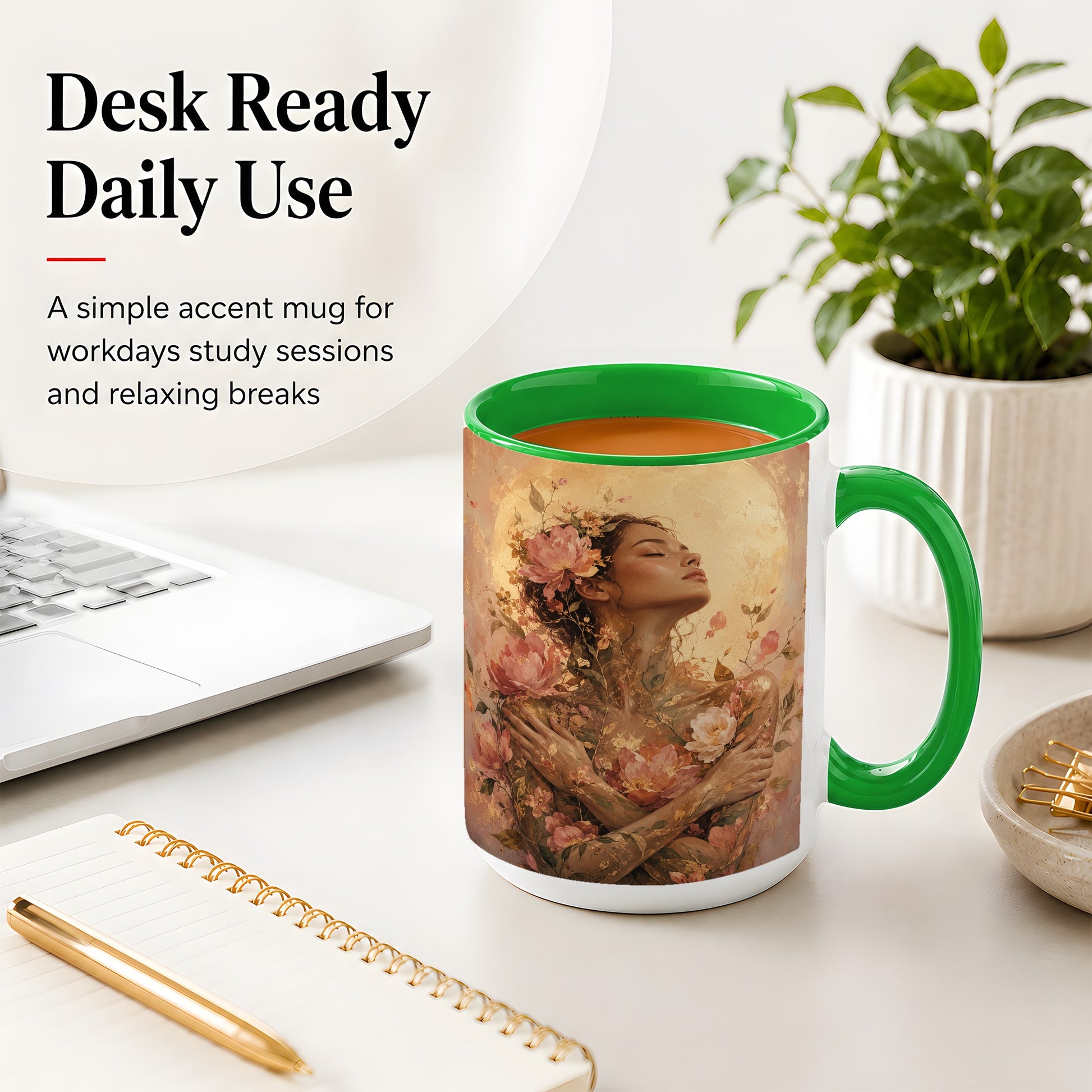 #pl[15oz|Green] Floral Woman Ceramic Mug, Self Embrace Botanical Portrait