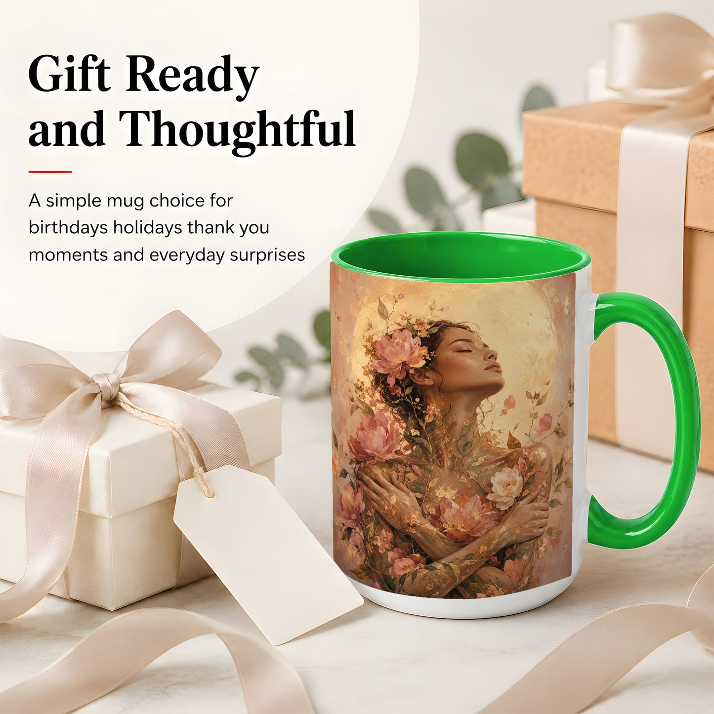 #pl[15oz|Green] Floral Woman Ceramic Mug, Self Embrace Botanical Portrait