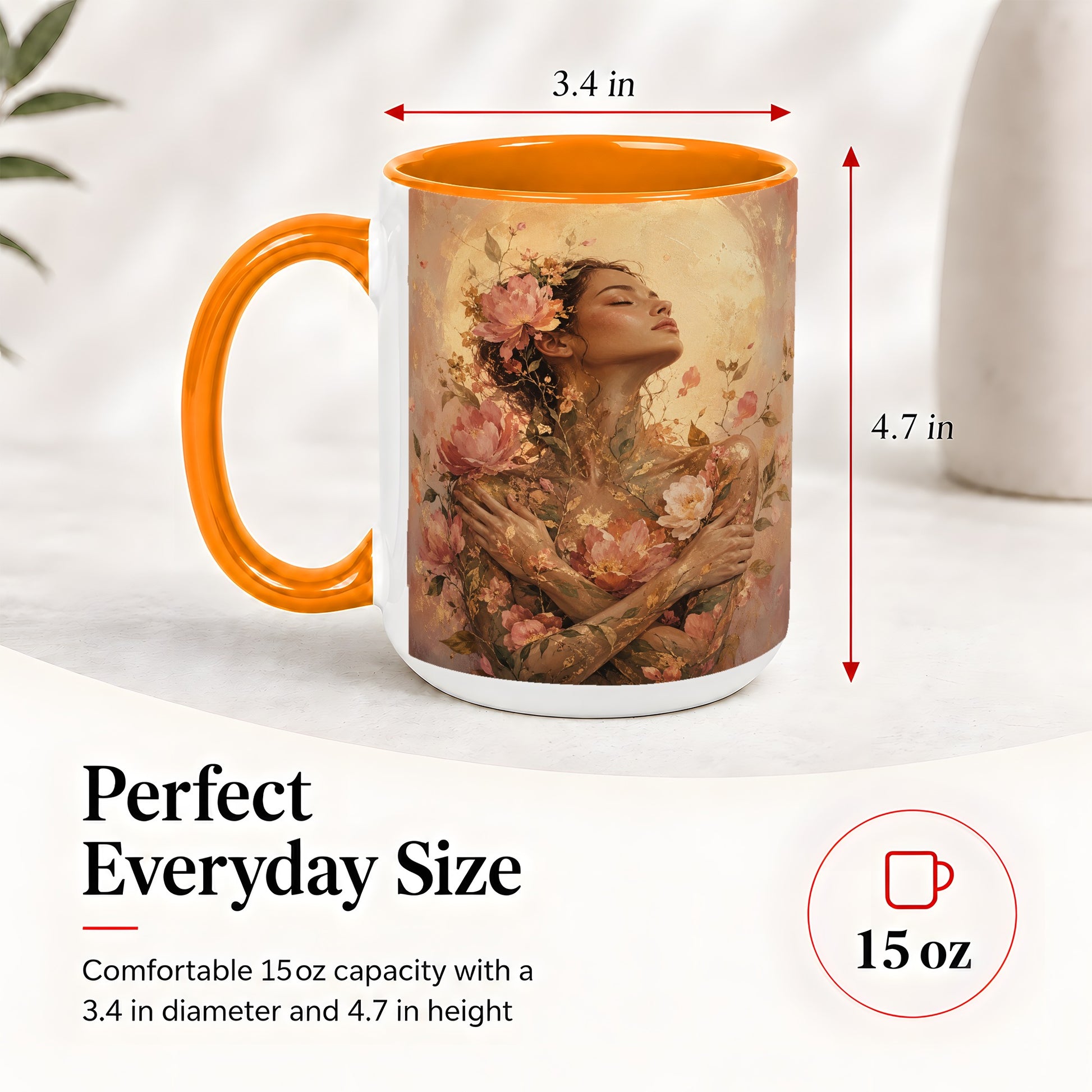 #pl[15oz|Orange] Floral Woman Ceramic Mug, Self Embrace Botanical Portrait