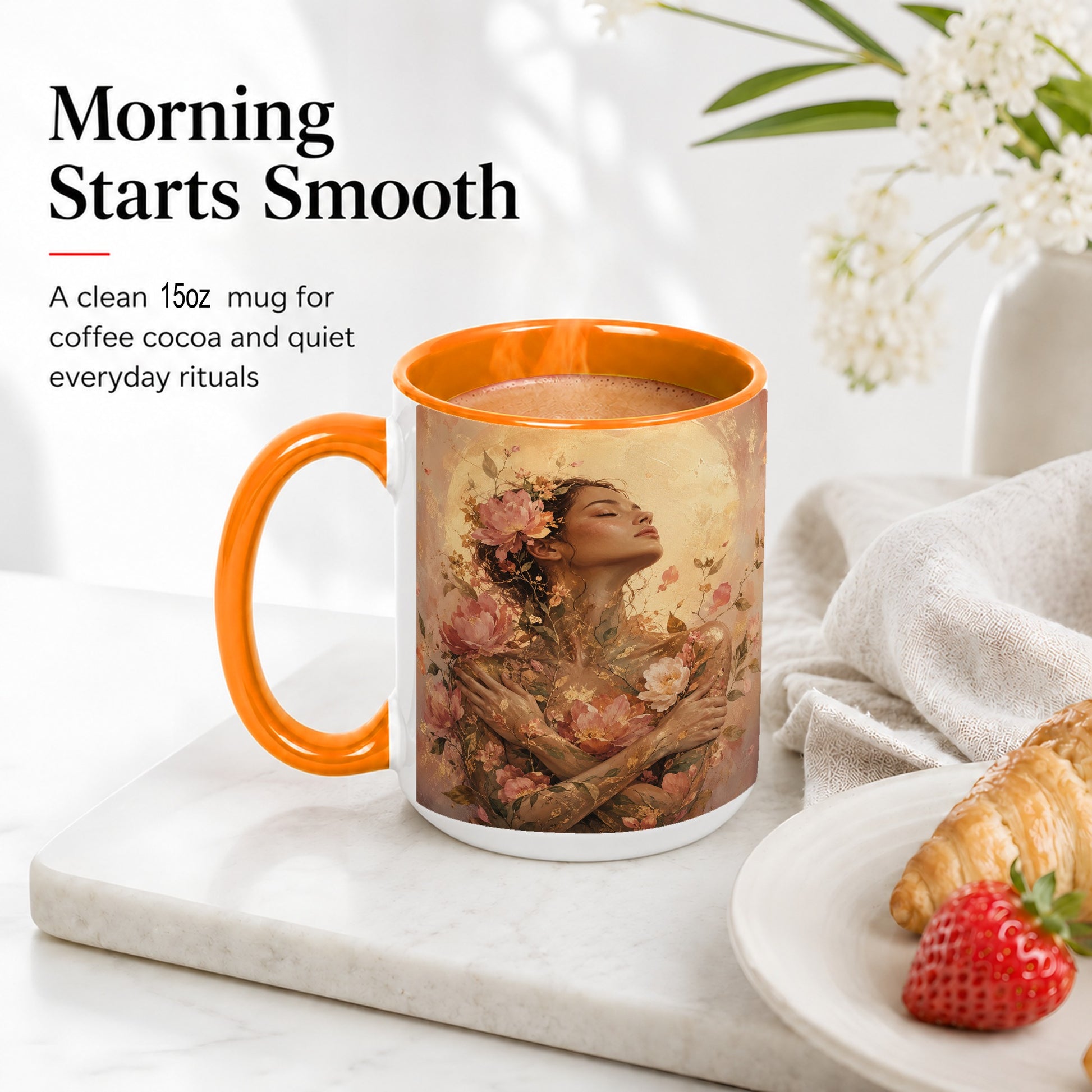#pl[15oz|Orange] Floral Woman Ceramic Mug, Self Embrace Botanical Portrait