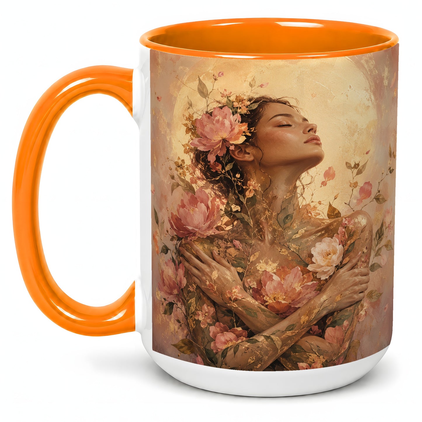 #pl[15oz|Orange] Floral Woman Ceramic Mug, Self Embrace Botanical Portrait