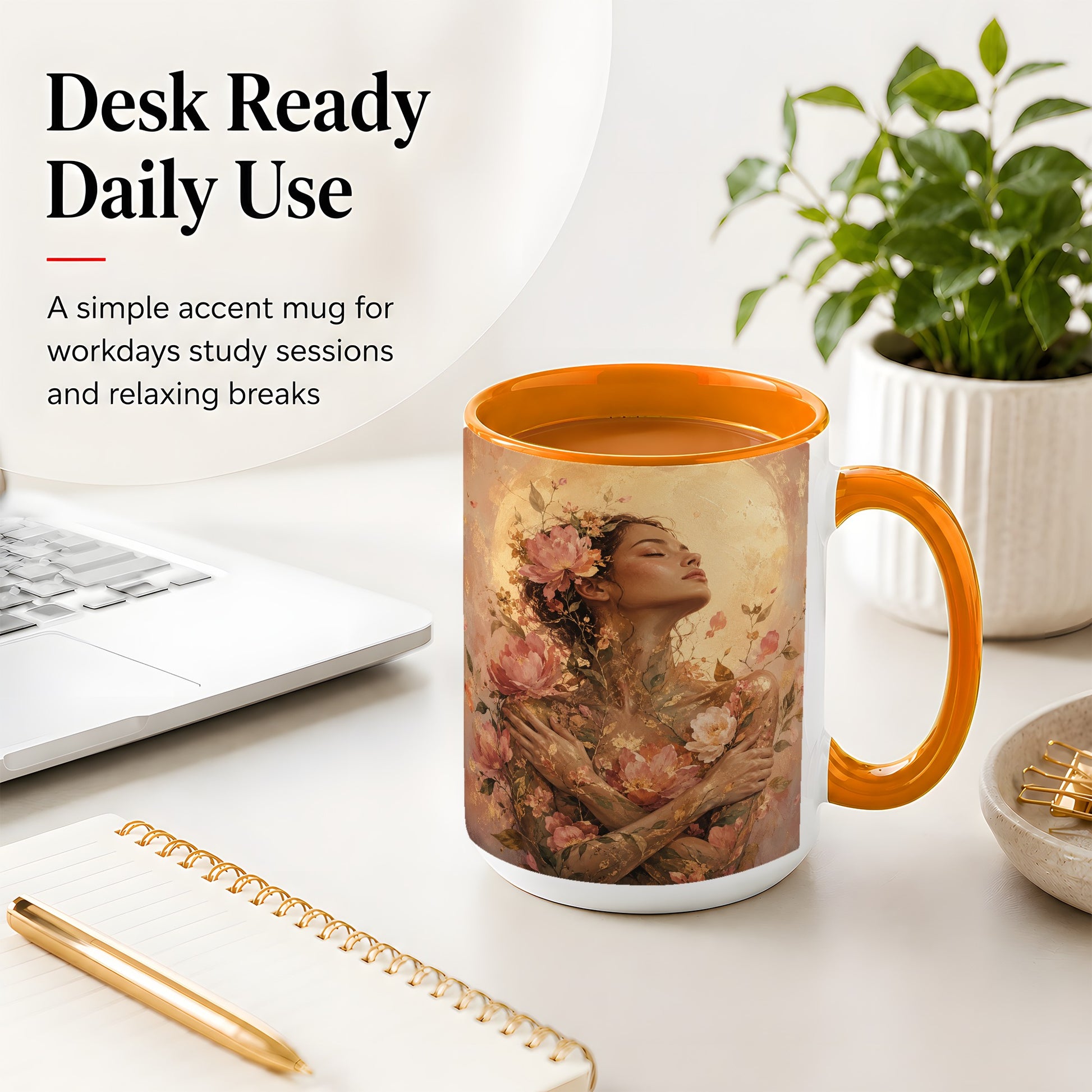 #pl[15oz|Orange] Floral Woman Ceramic Mug, Self Embrace Botanical Portrait
