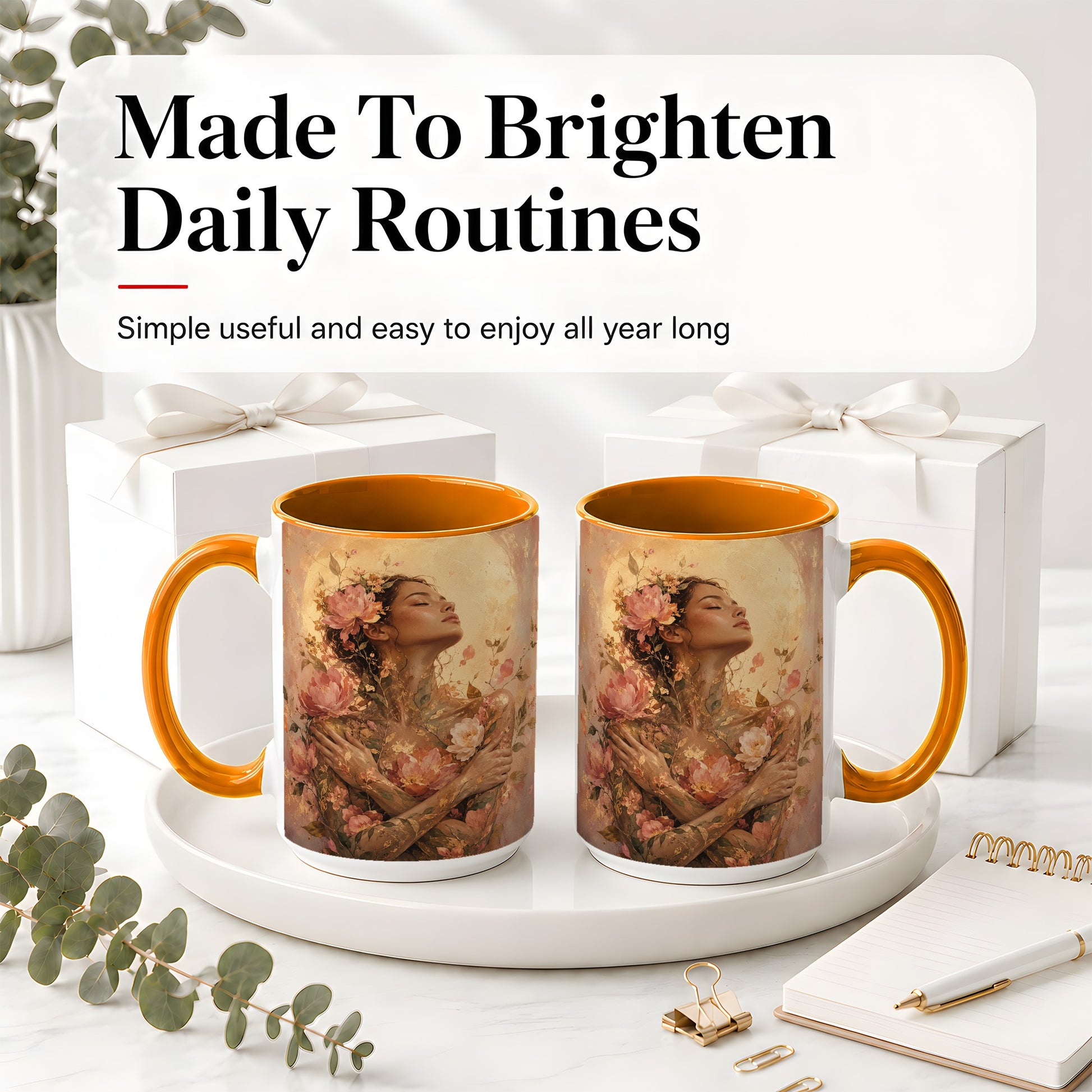 #pl[15oz|Orange] Floral Woman Ceramic Mug, Self Embrace Botanical Portrait